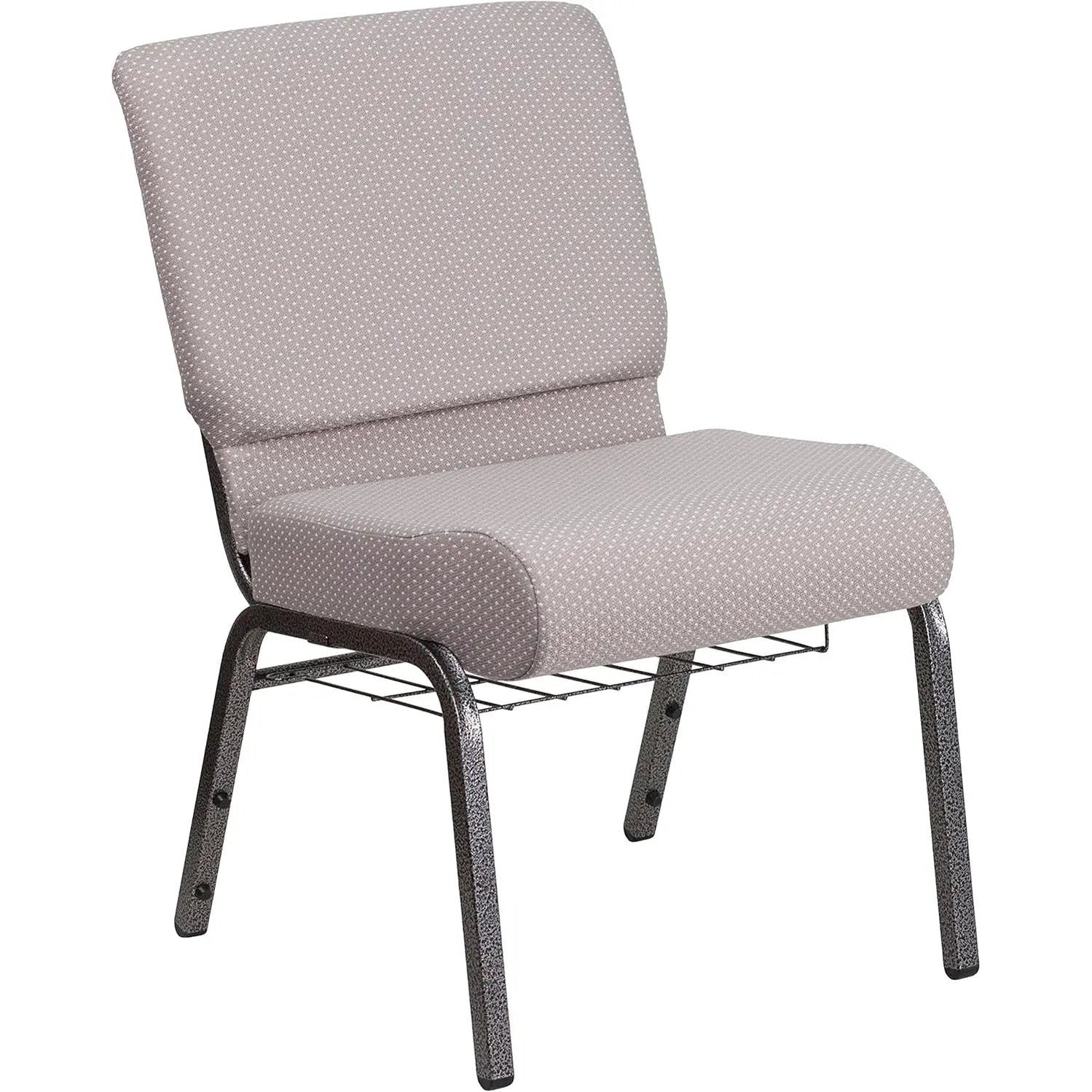 Gray fabric Hercules church chair with silver vein frame and built-in book rack, ergonomic design, 4-inch seat cushion.