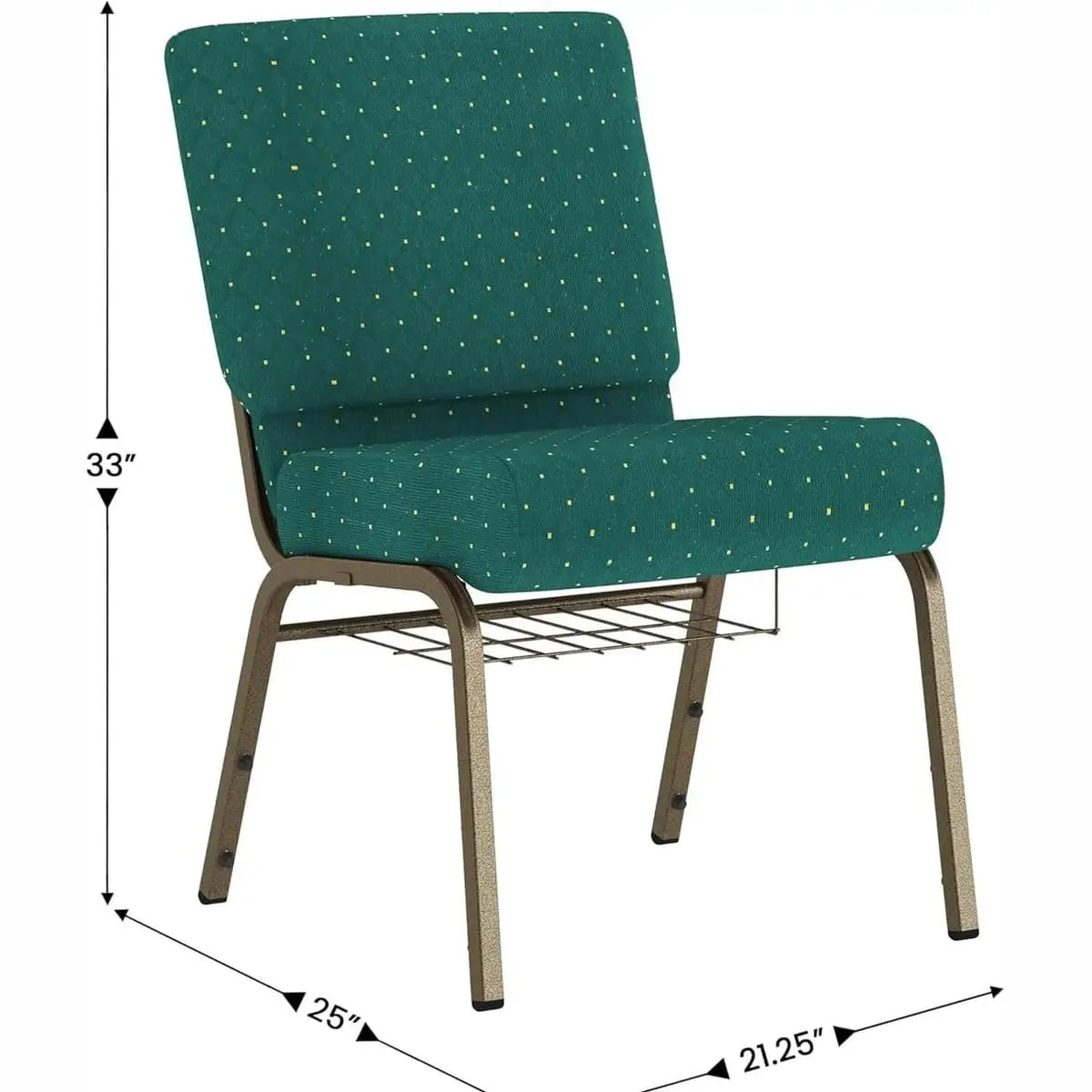 Set of four church chairs with gold frames, cushioned seats, and built-in book racks, upholstered in hunter green dot-patterned fabric.