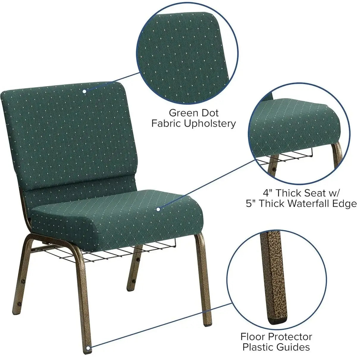 Set of four church chairs with gold frame, cushioned seats, and built-in book racks, upholstered in hunter green dotted fabric.