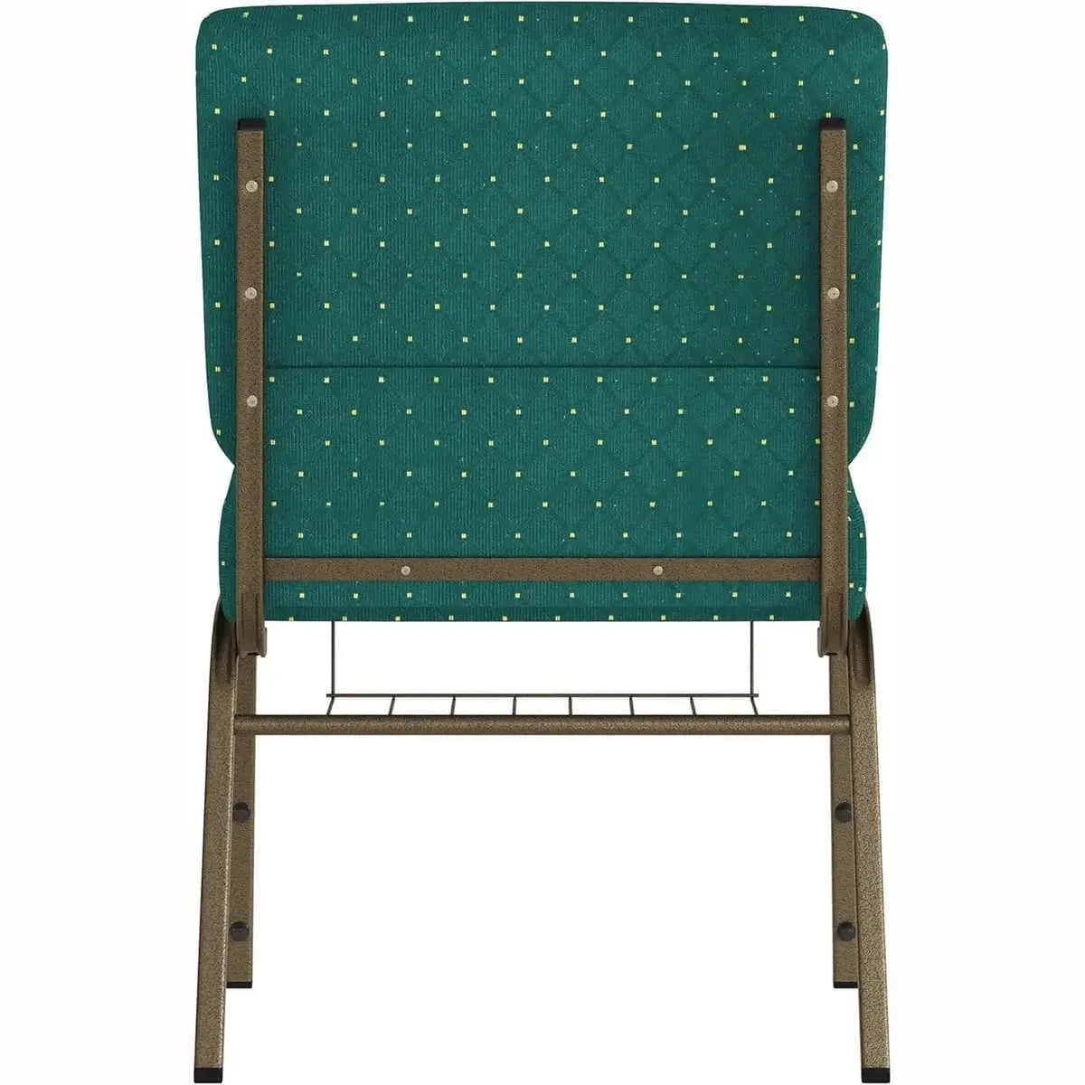 Set of four church chairs with gold frames, cushioned seats, and built-in book racks in hunter green patterned fabric.