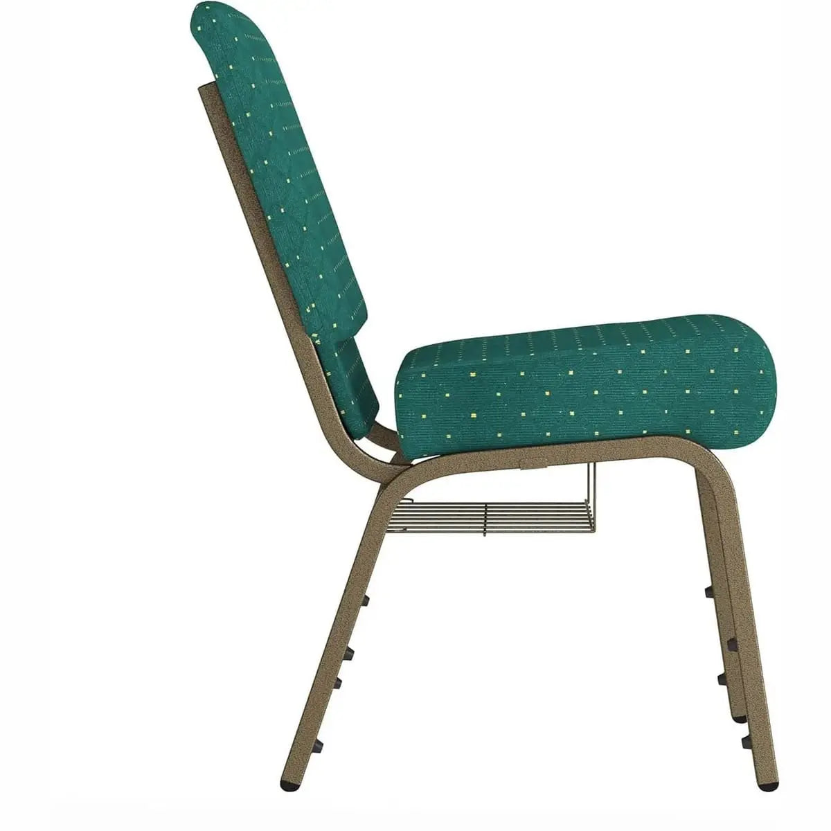 Four church chairs with gold frames, cushioned seats, and built-in book racks, upholstered in hunter green dot-patterned fabric.