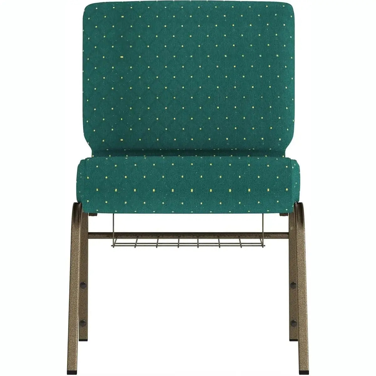 Set of four church chairs with gold frames, green dot-patterned fabric cushions, and built-in book racks for auditorium seating.