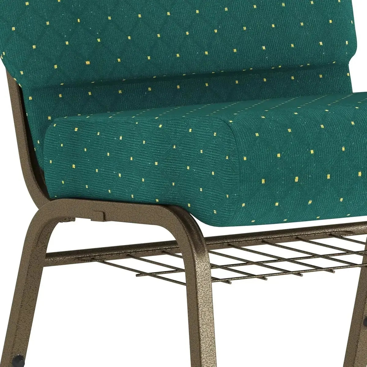 Set of four church chairs with gold frames, cushioned seats, and built-in book racks, featuring hunter green dot-patterned fabric.