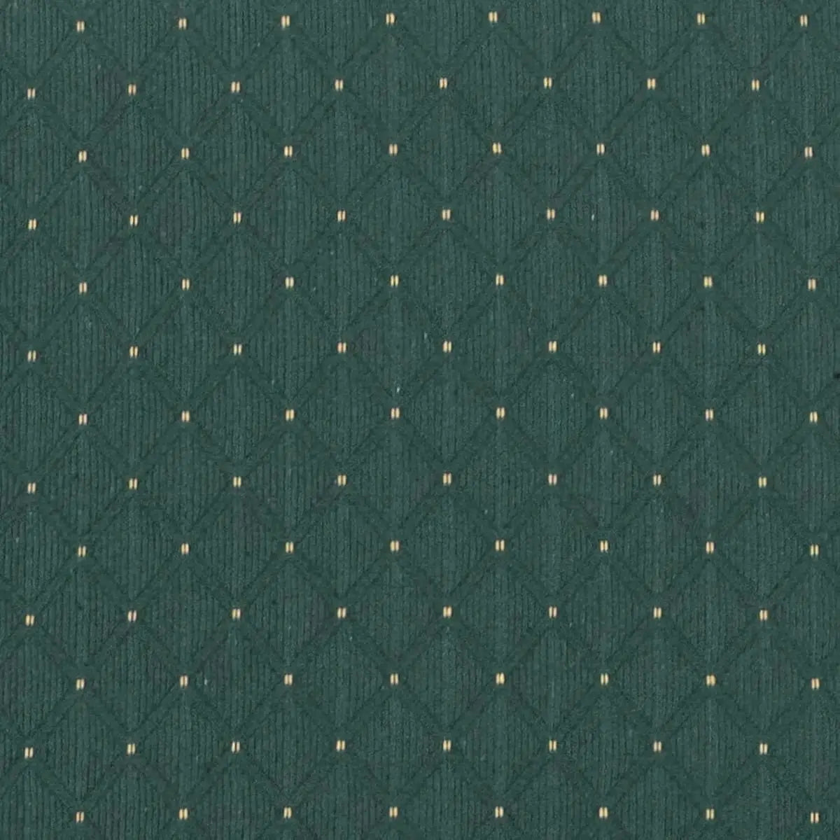 Set of 4 church chairs with gold frame, cushioned seats, and built-in book racks in hunter green dot-patterned fabric.