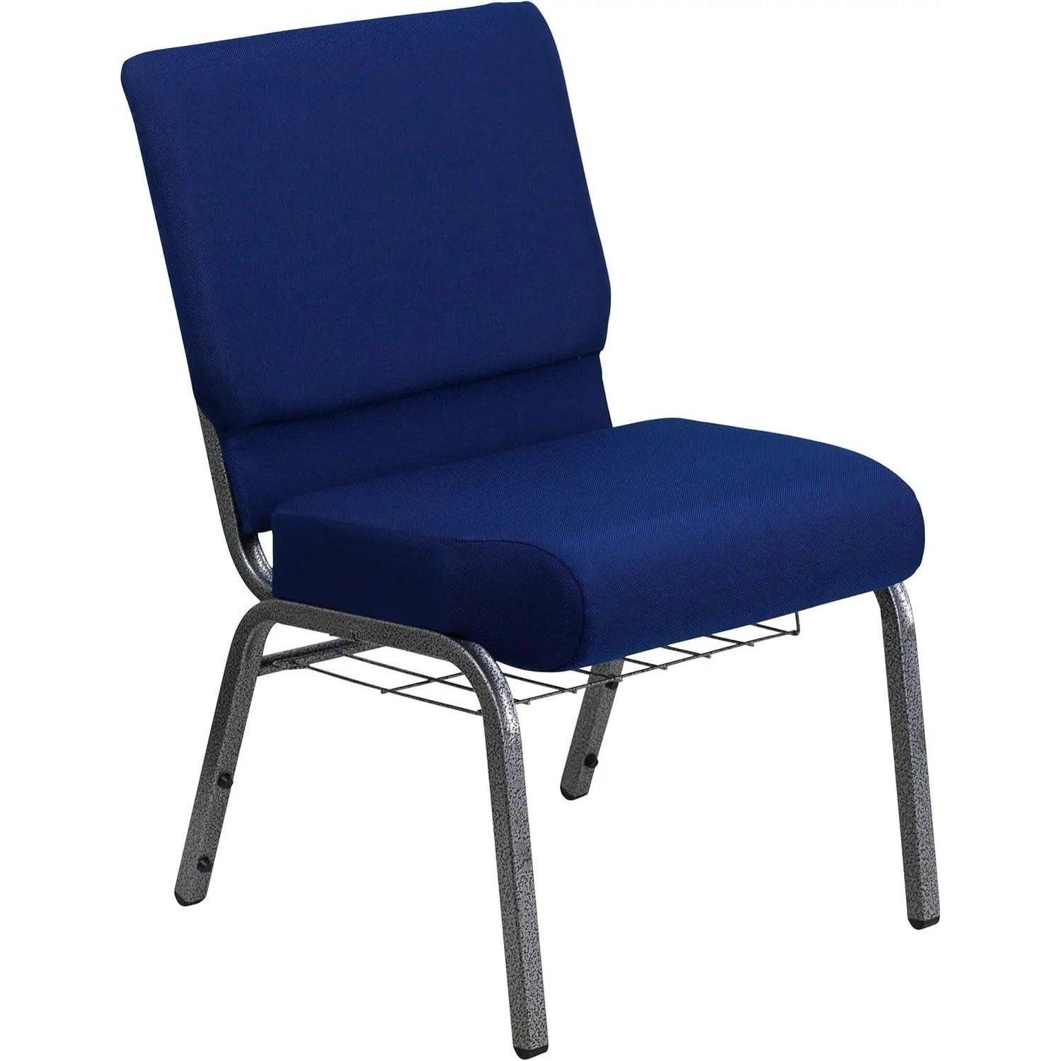 Navy blue church chair with silver vein frame, built-in cup and book rack, 4-inch seat height, ideal for church seating arrangements.