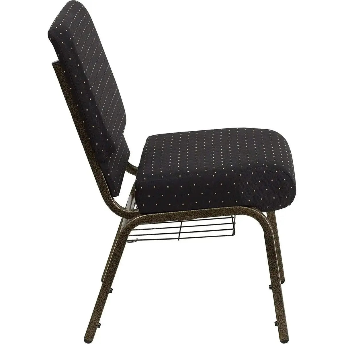 Navy blue church chair with silver vein frame, cup and book rack, 4-inch seat height, designed for church seating comfort.