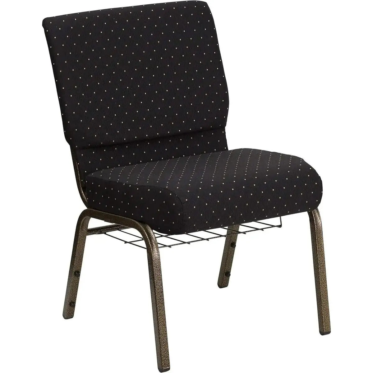 Navy blue fabric church chair with silver vein frame, cup and book rack, 4-inch seat height, for religious gatherings.