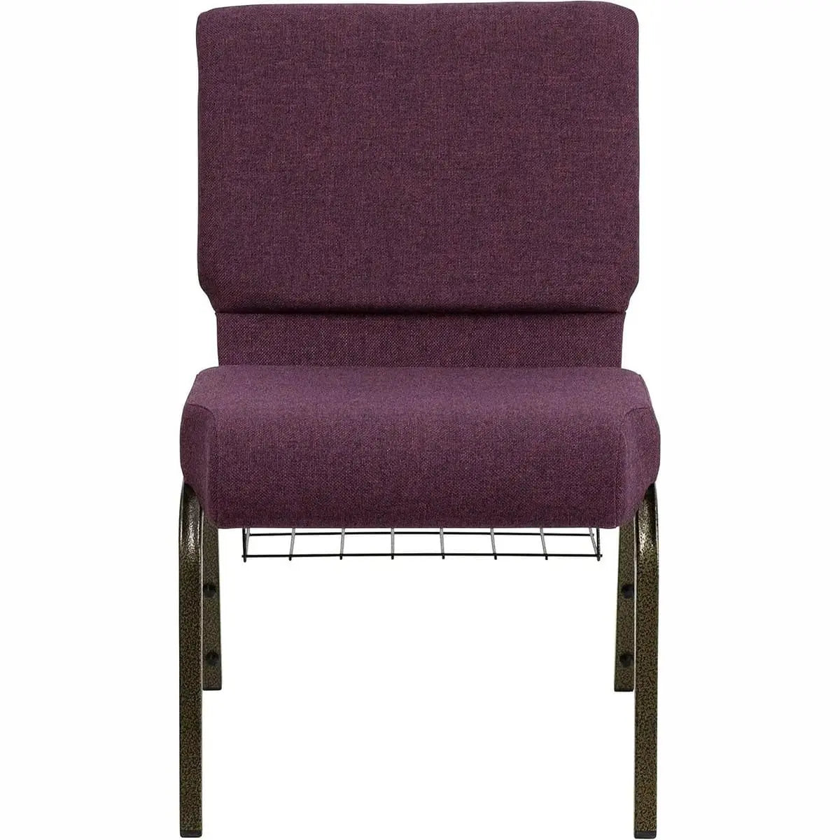 Navy blue padded church chair with silver frame, cup and book rack, 4-inch waterfall seat, by 5 Years Limited.