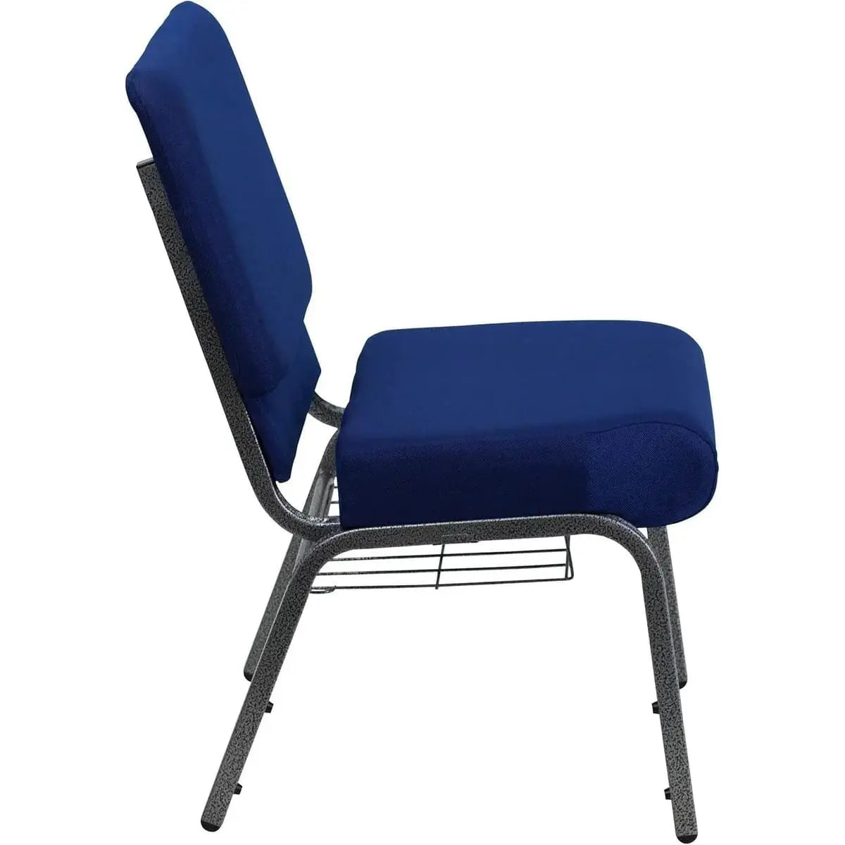 Set of four navy blue church chairs with padded seats, cup holders, and built-in book racks, featuring silver vein frames for comfort.