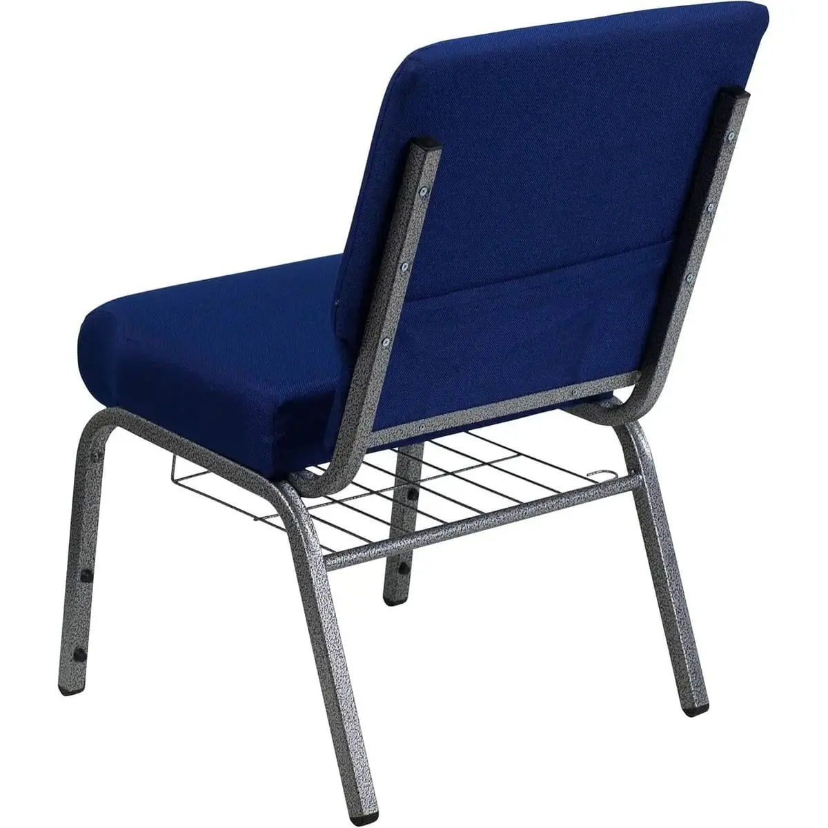 Set of four navy blue padded church chairs with built-in cup holders and book racks, featuring silver vein frames for comfort and durability.