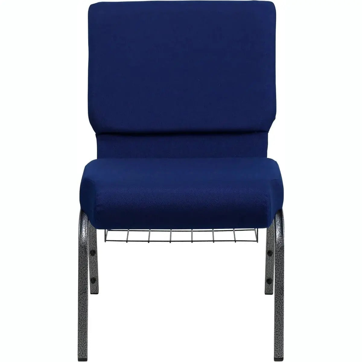 Set of four navy blue church chairs with cup holders, book racks, padded seats, and silver vein frames for comfortable seating.