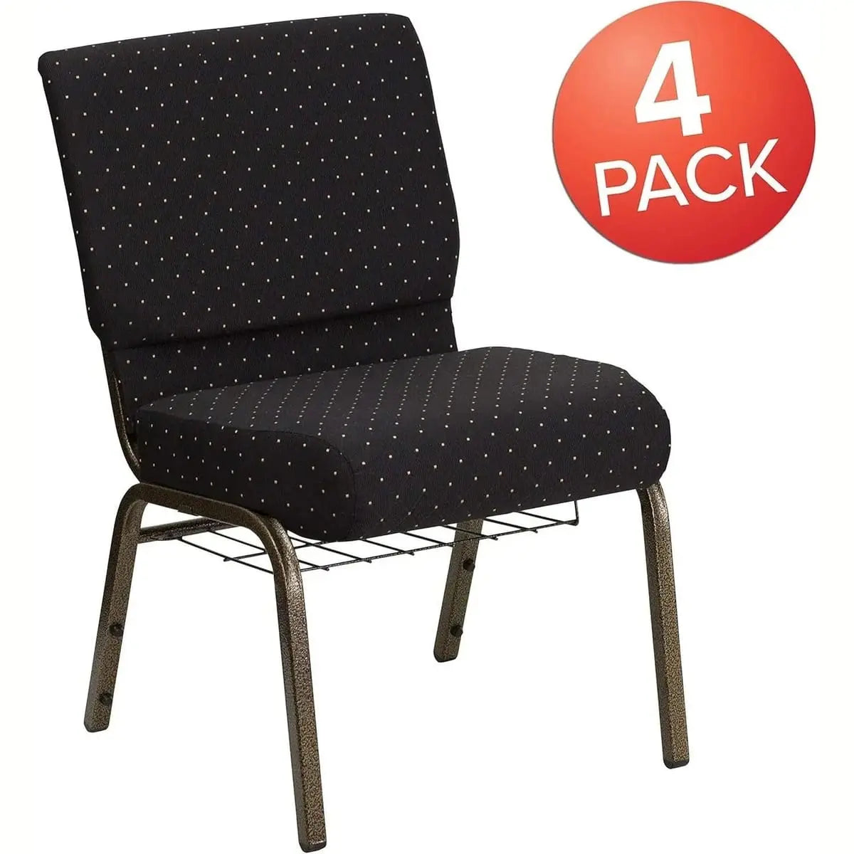 Church chair with plum fabric, gold vein frame, cup and book rack, 4-inch cushion for all-day comfort, 5-year limited brand.