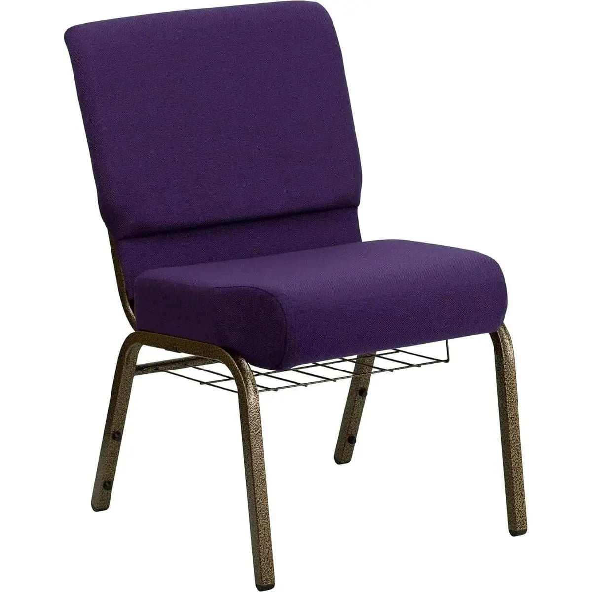 Royal Purple church chair with gold vein frame, rear book pouch, and cup holder, designed for church or conference seating.