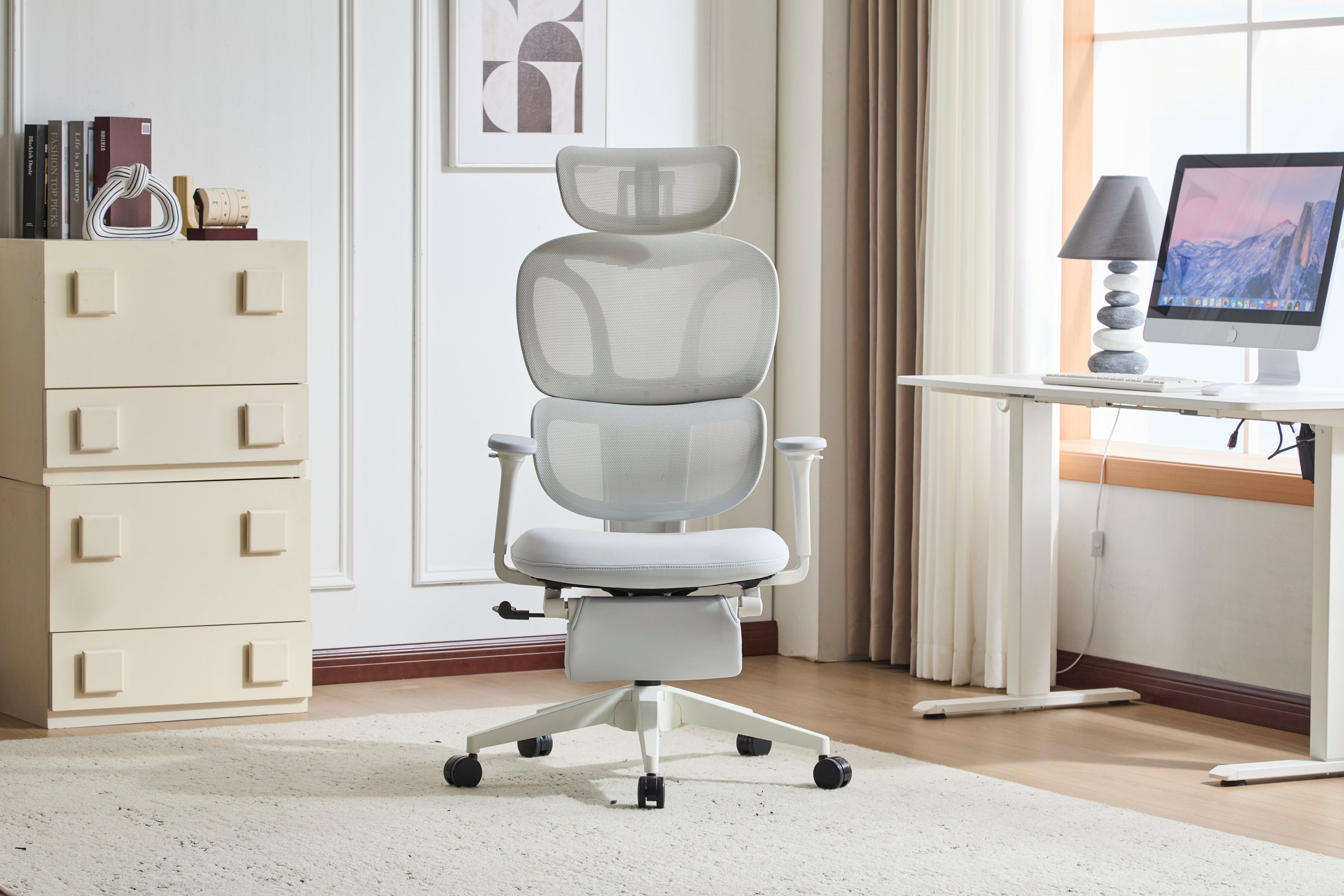 Grey Mesh Ergonomic Office Chair with Footrest & Headrest - Platinum-Level Office Chairs
