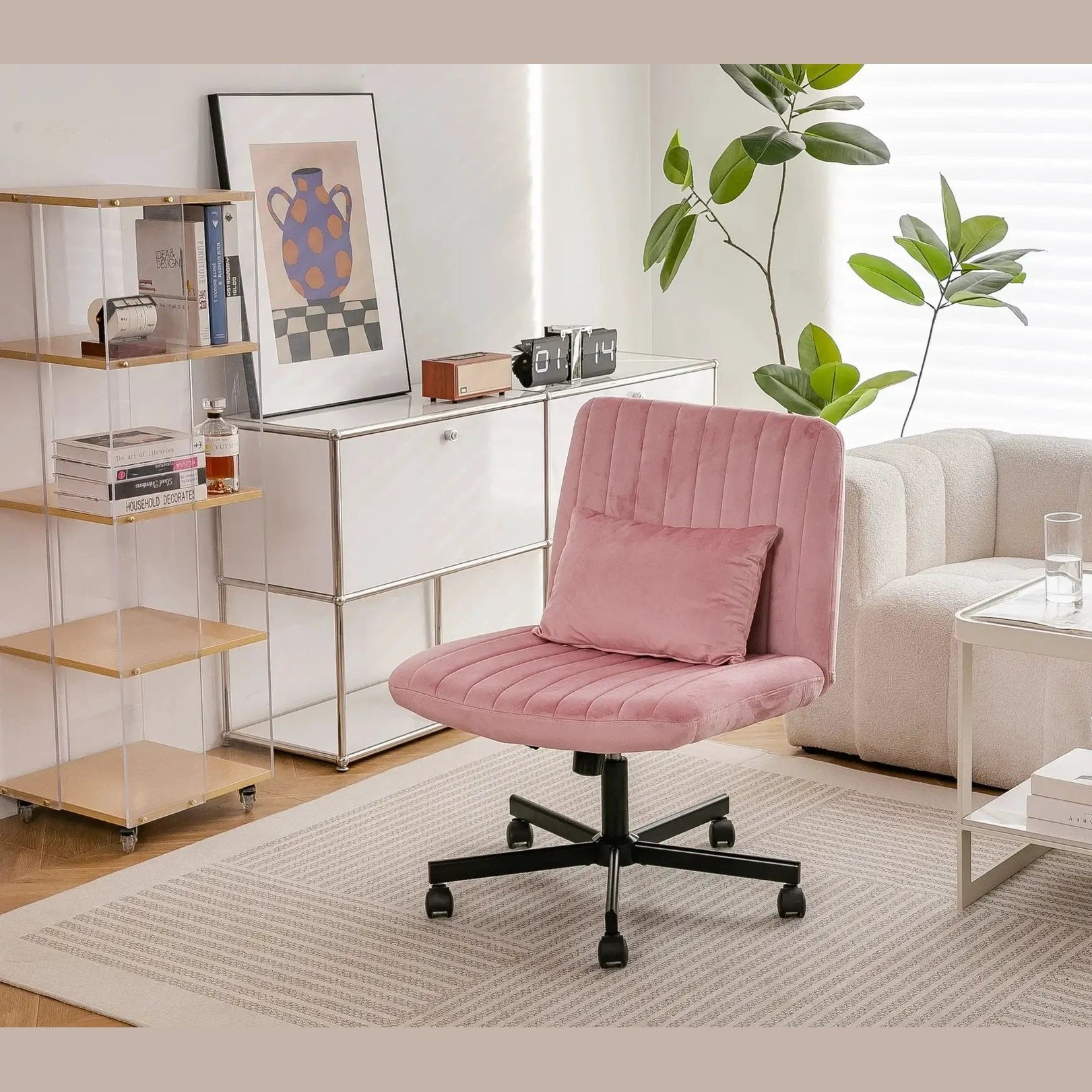 Light Pink Velvet Criss Cross Armless Office Chair With Wheels Makeup by Platinum-Level Office Chairs