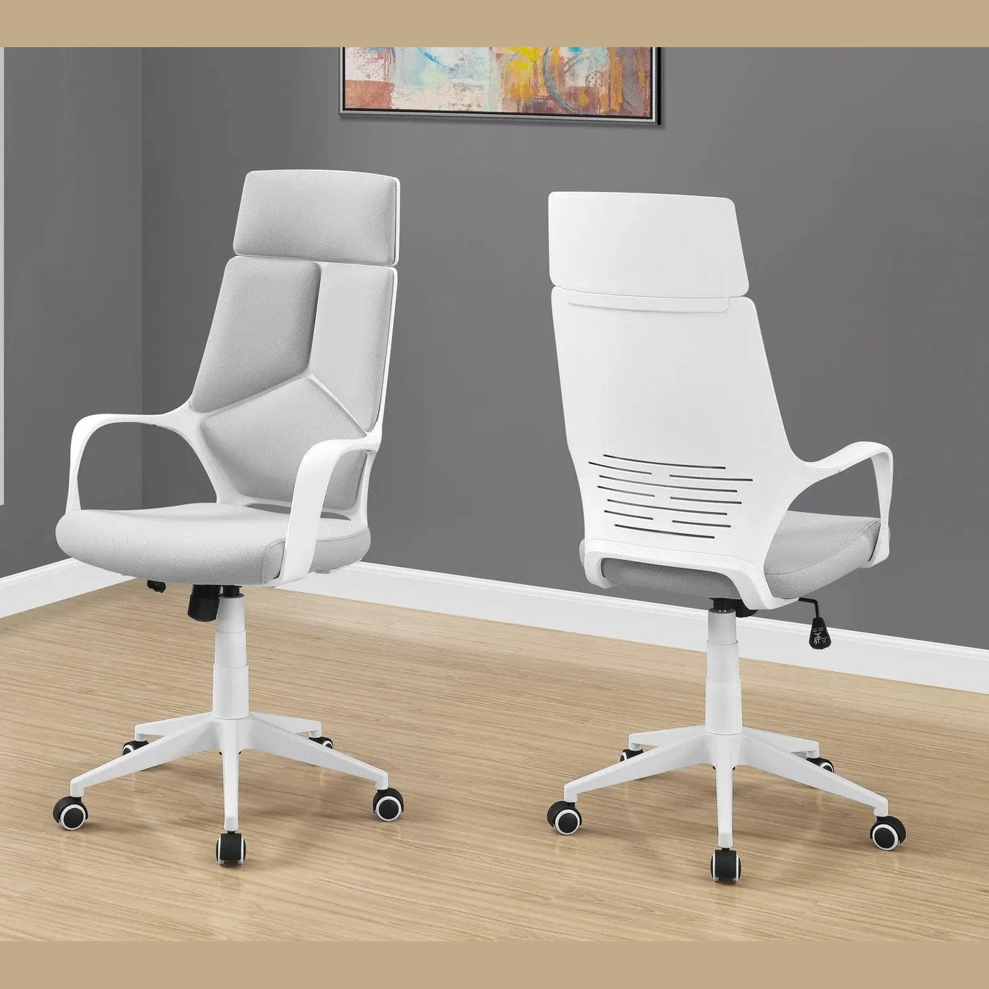 Office chairs set of 2 with grey mesh upholstery and white metal bases, adjustable height and swivel