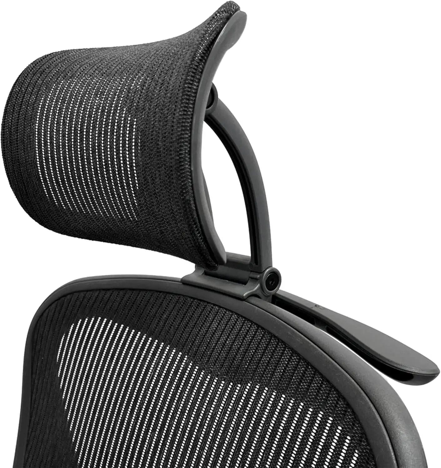Headrest attachment for Herman Miller Aeron chair by ERGOKING; black mesh, height and tilt adjustable, coat hanger