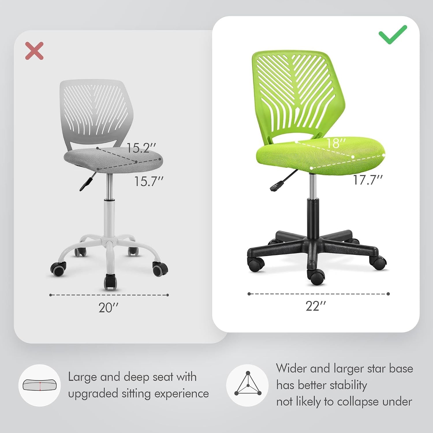 Yaheetech Small Desk Chair, Armless Adjustable Swivel Seat, Green | Padded Mesh Seat and Ventilated Resin Back, Compact Armless Frame Rolls and Adjusts for Study and Small Desks, Holds 300 Lb.