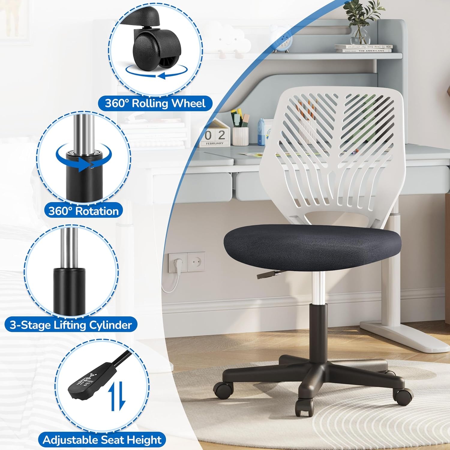 Yaheetech Small Desk Chair, Armless Adjustable Swivel Seat, Dark Grey | Padded Mesh Seat and Ventilated Resin Back, Compact Armless Frame Rolls and Adjusts for Study and Small Desks, Holds 300 Lb.