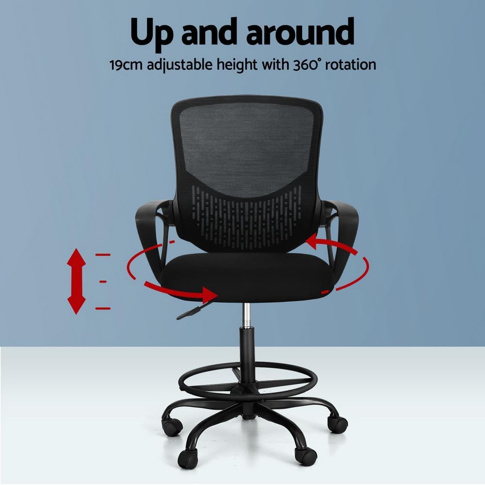 Artiss Black Mesh Drafting Chair with Footrest & Armrests - Platinum-Level Office Chairs