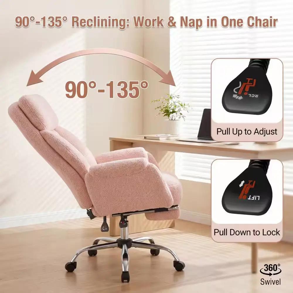 Big and Tall Teddy Fabric Footrest with Flip Armrests Office Chair in Pink, Cross Legged Computer Desk Chair