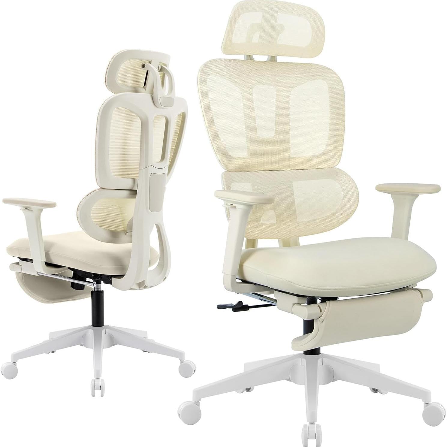 Cream Mesh Reclining Ergonomic Office Chair with Footrest - Platinum-Level Office Chairs