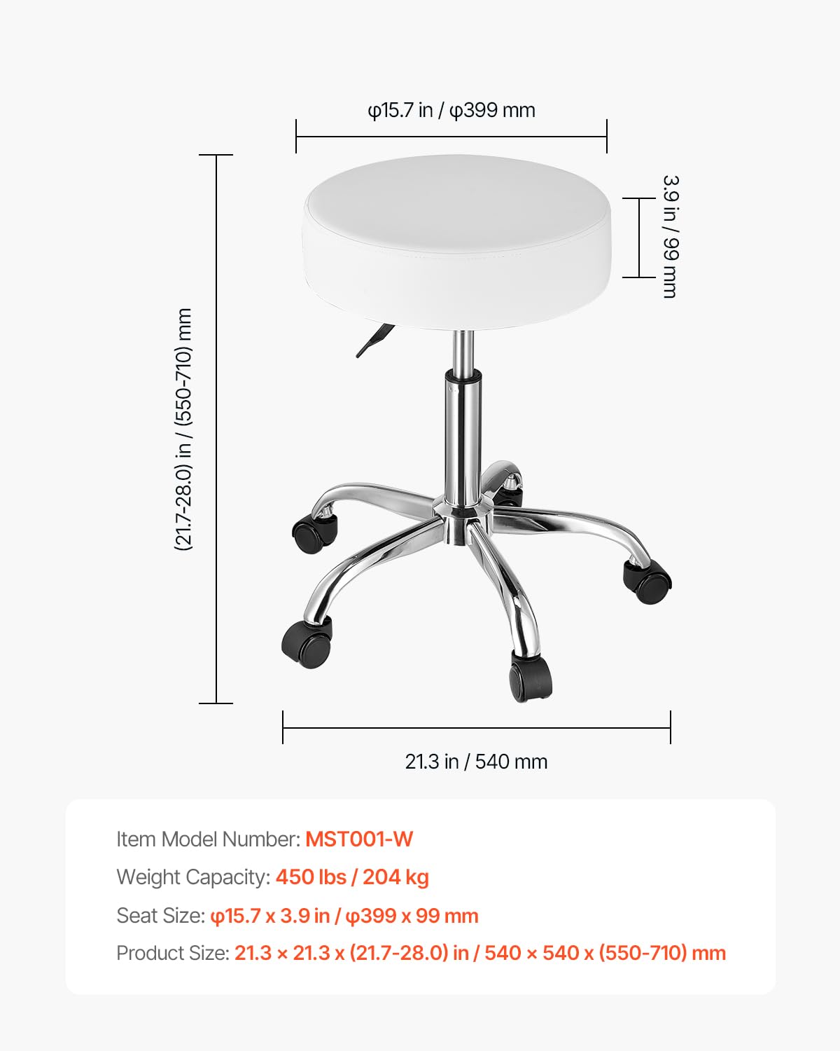 VEVOR Rolling Stool with Wheels, 450 LBS Weight Capacity Round Rolling Stool Chair, Height Adjustable Thickened PU Leather Swivel Stool for Salon, Spa, Massage, Tattoo, Clinic, White Platinum-Level Office Chairs