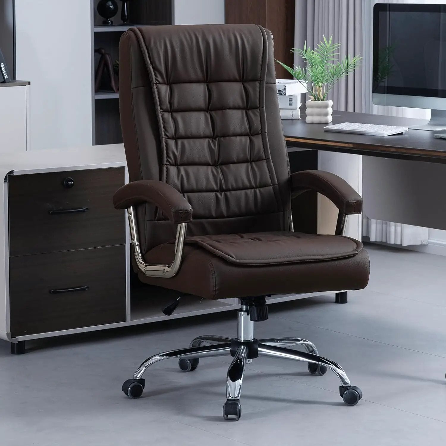 Executive Office Chair Adjustable Leather Chair High Back Swivel Office Desk Chair with Padded Armrest 350Lbs Load-Bearing Spring Seat Computer Desk Chair for Home Office, Brown