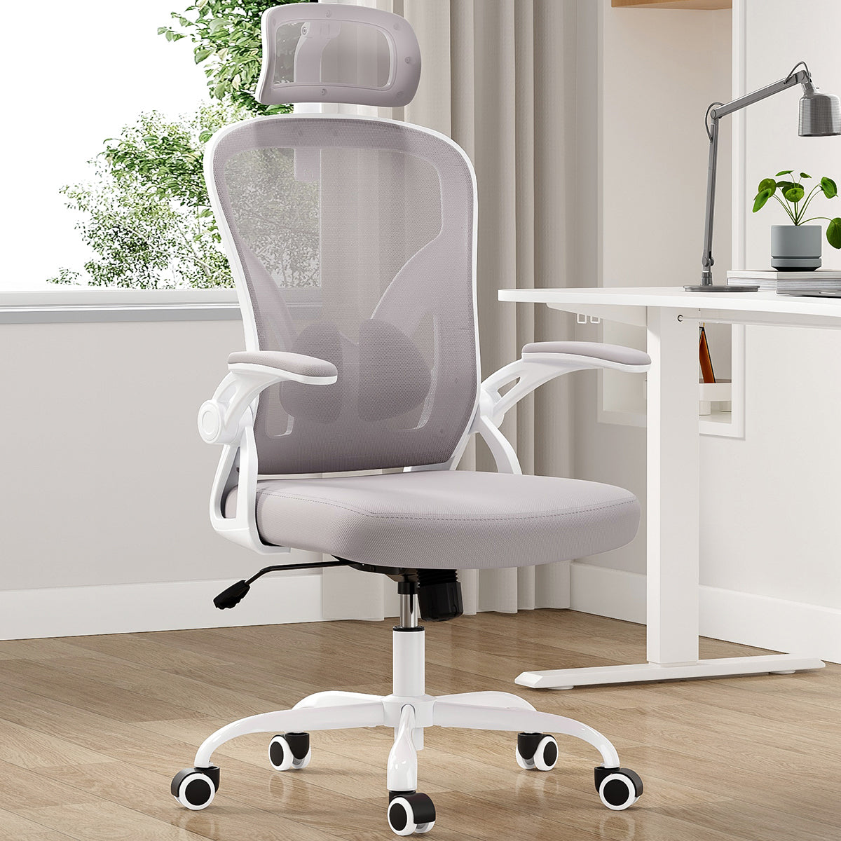 Ergonomic Mesh Office Chair, White & Gray, Adjustable Headrest - Platinum-Level Office Chairs