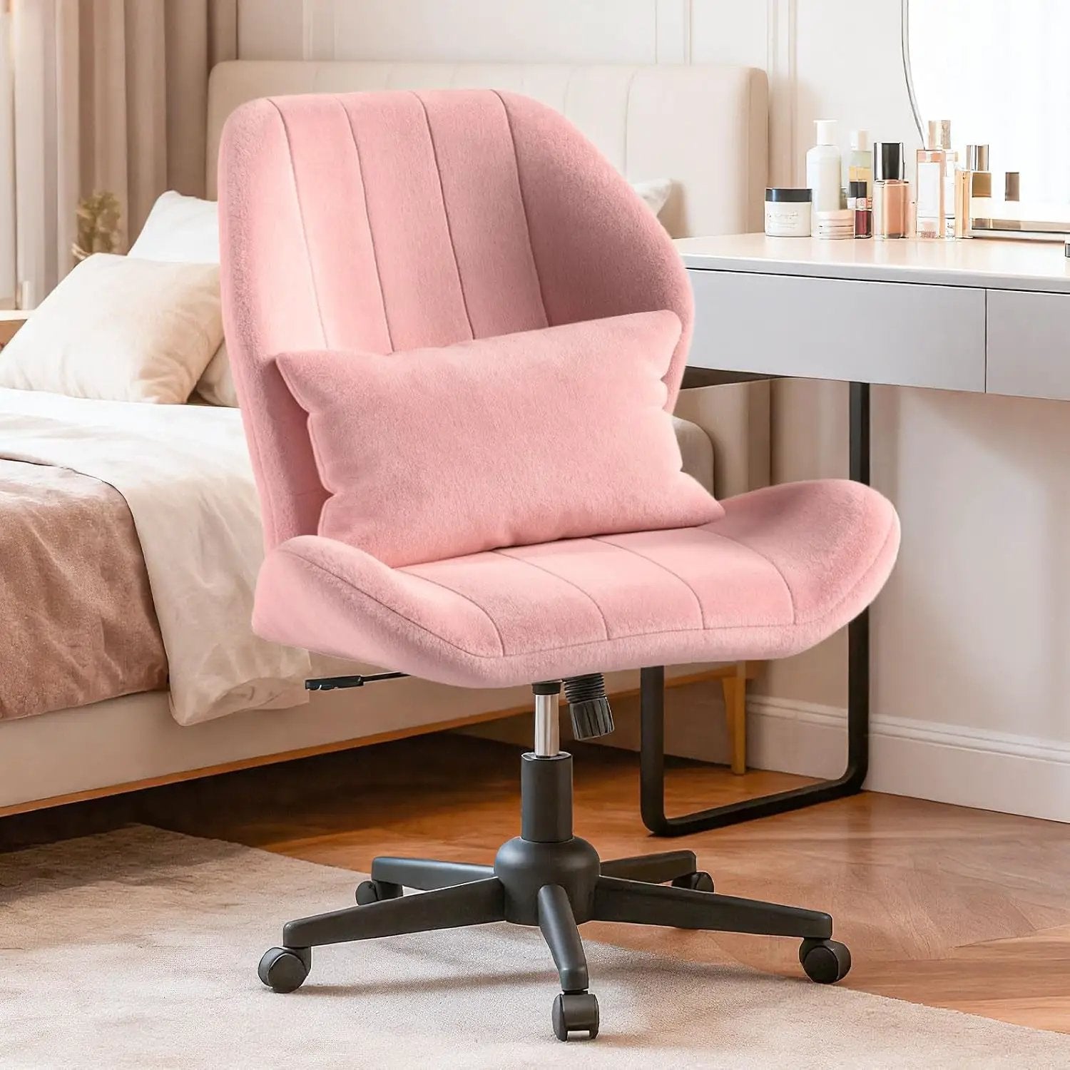 ZZW Criss Cross Chair with Wheels, Wide Cross Legged Office Chair Armless Comfy Desk Chair with Tall Back Vanity Chairs with Stress Relief Curved Design Seat for Bedroom & Office & Home Oatmeal