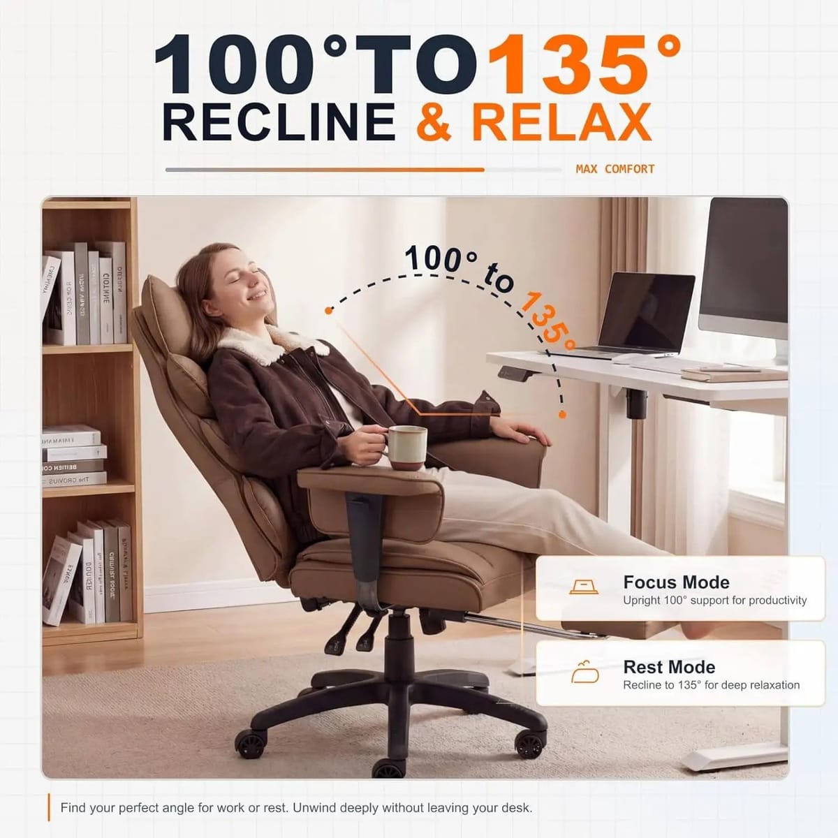 Dowinx big and tall office chair with brown PU leather, high back, adjustable armrests, lumbar support, footrest, and pocket spring cushion.