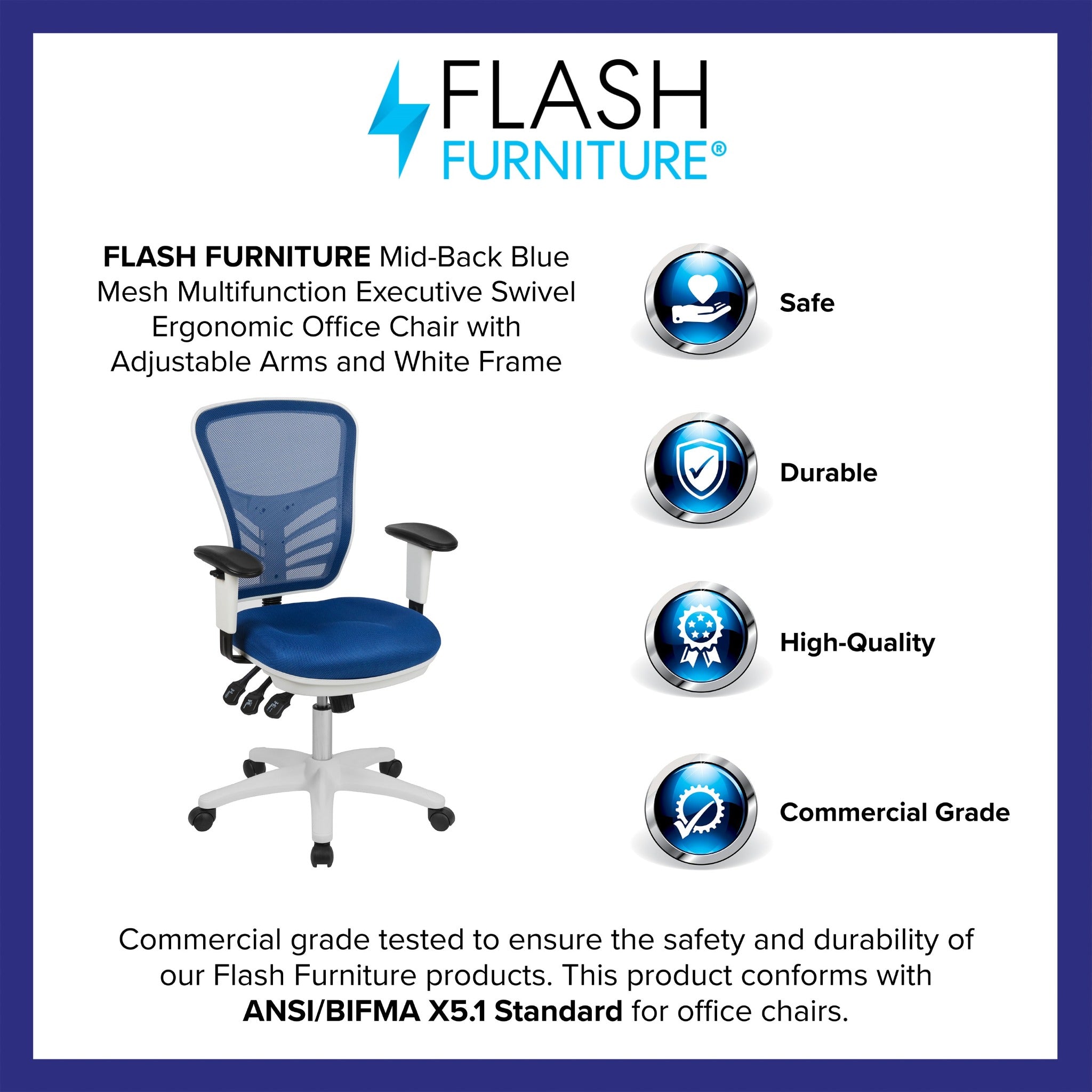 Mid-Back Blue Mesh Multifunction Executive Swivel Office Chair with White Frame