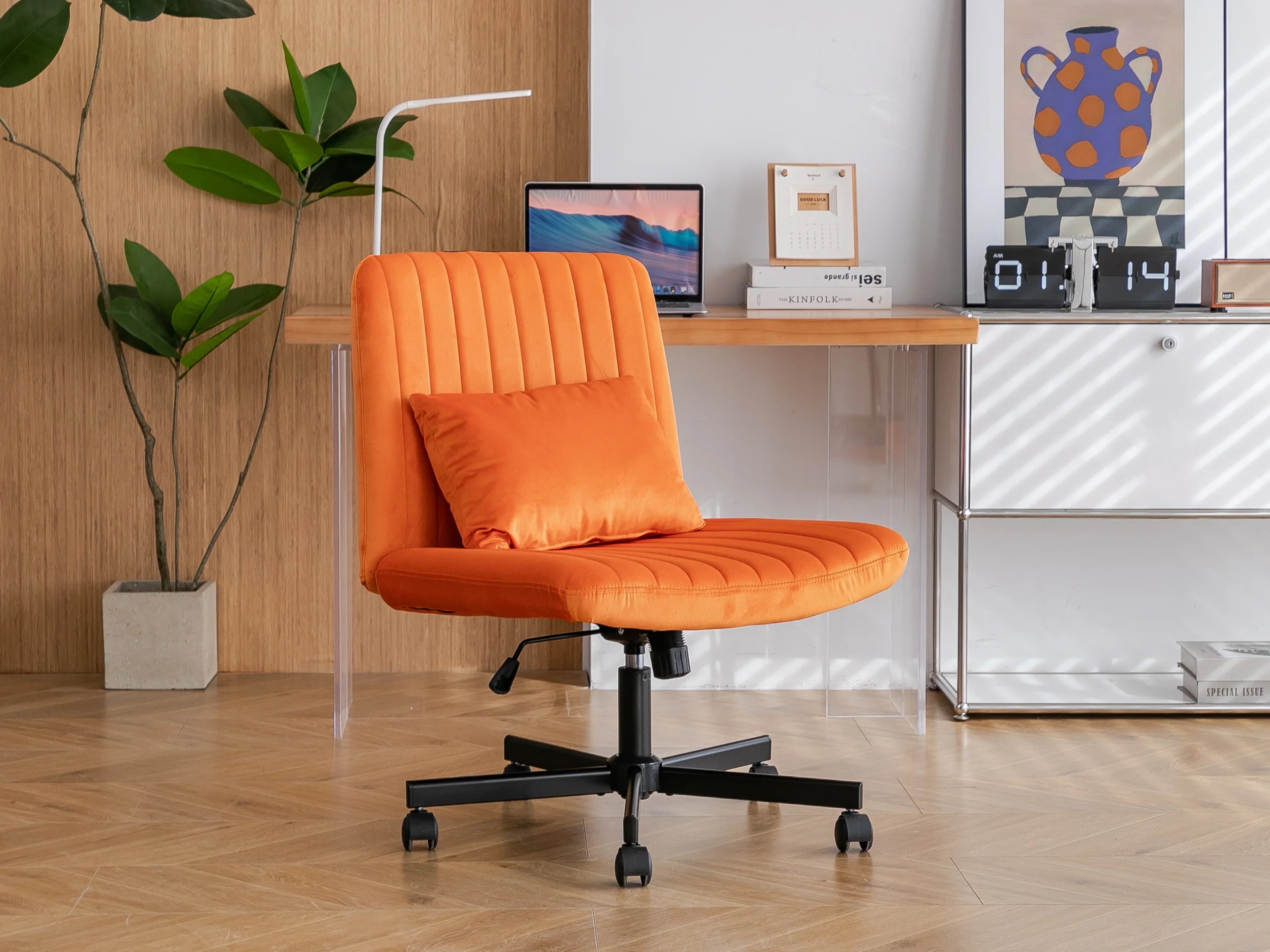 Orange Velvet Criss Cross Armless Office Chair With Wheels