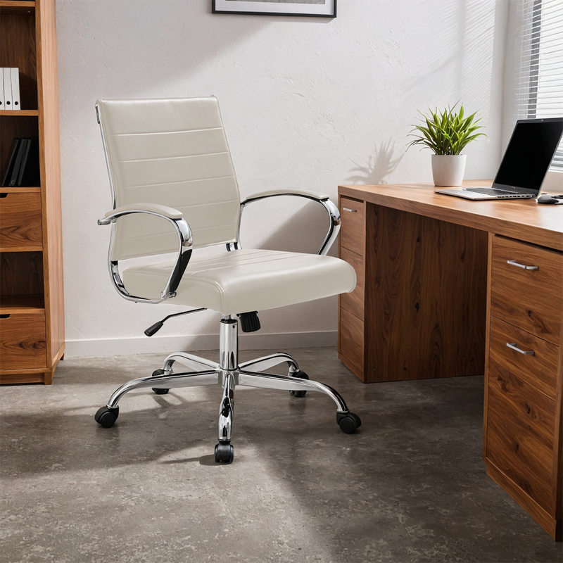 30 PCS Benmar Leather Office Desk Computer Chair with Ribbed Seat and Steel Frame - Tan