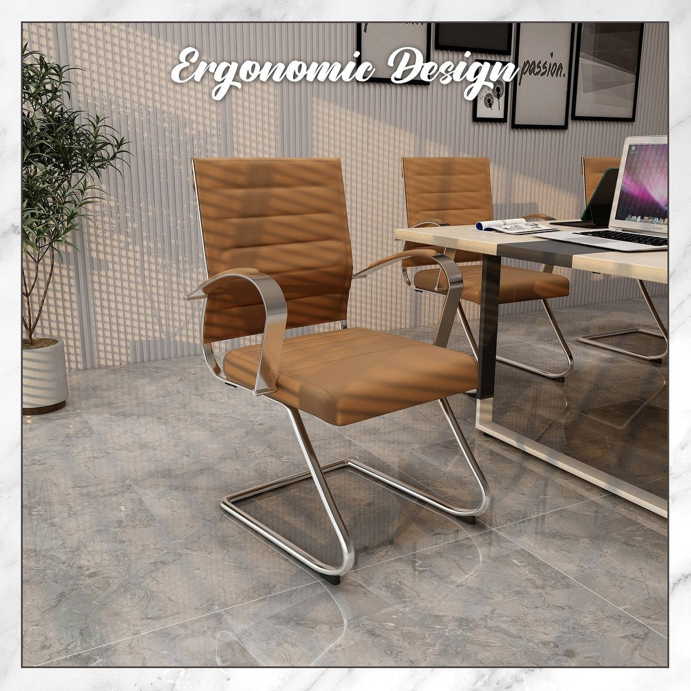 24 PCS Benmar Leather Upholstered Computer Office Chair with Sled Base, Padded Armrests for Home or Office - Light Brown