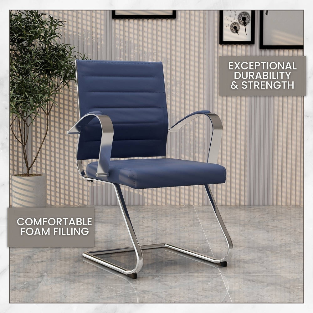 24 PCS Benmar Leather Upholstered Computer Office Chair with Sled Base, Padded Armrests for Home or Office - Navy Blue