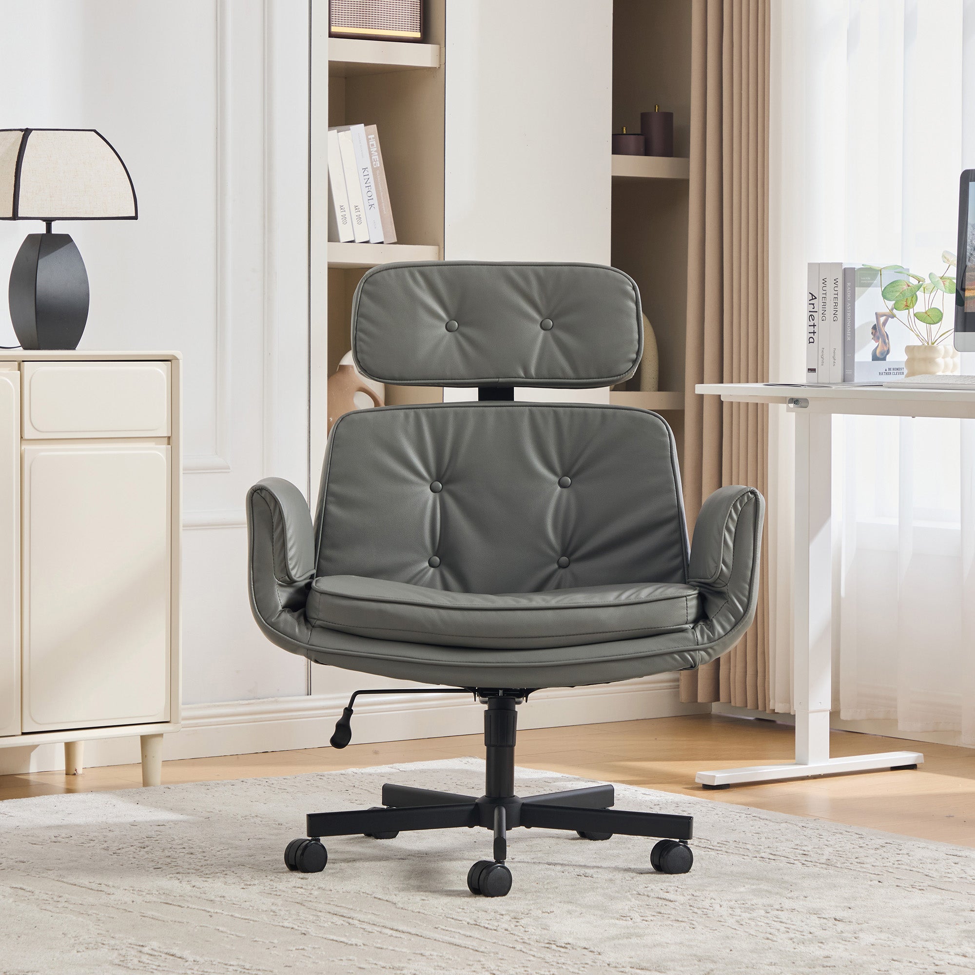 Grey PU Leather Criss Cross Chair with Armrests and Headrest