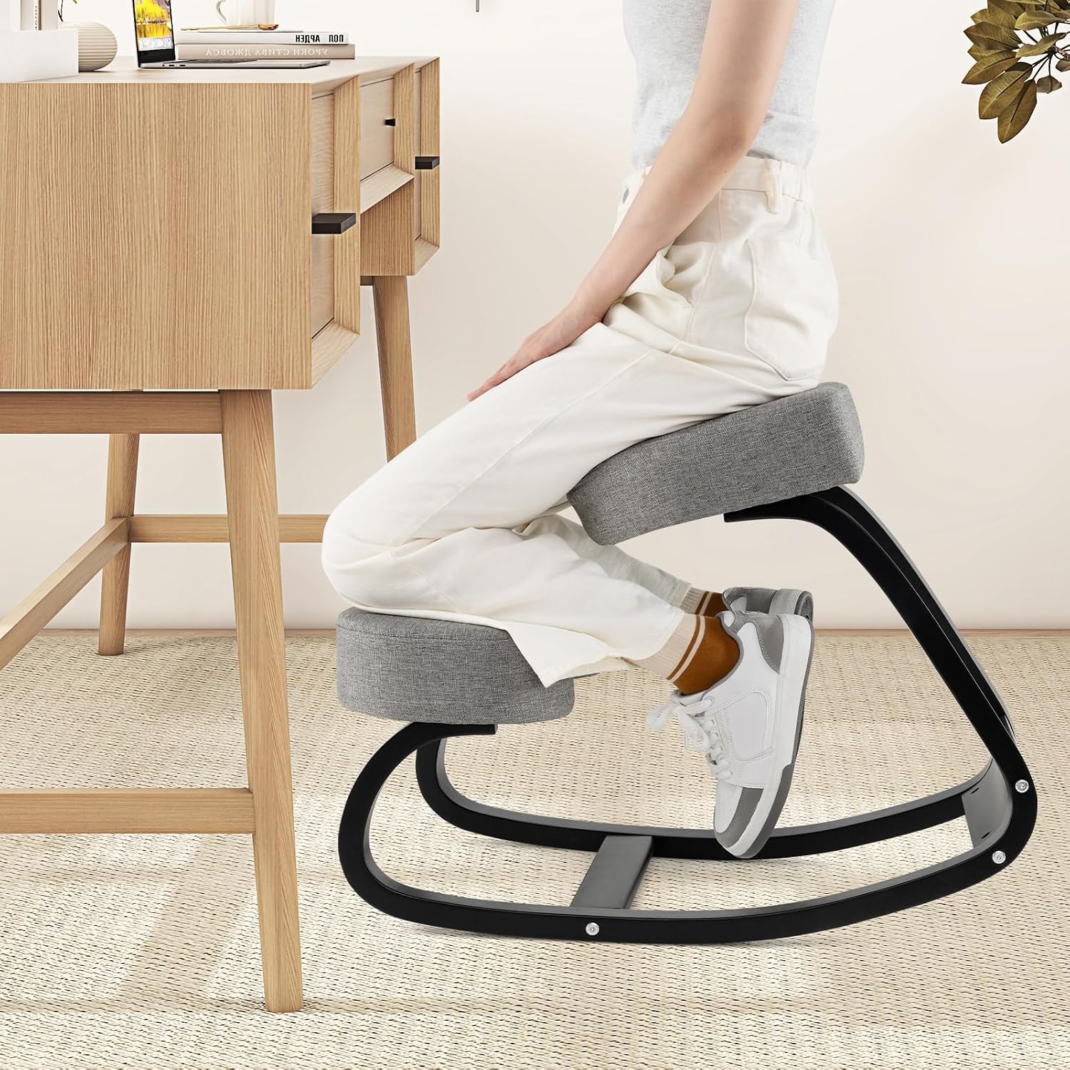 GIANTEX Ergonomic Kneeling Desk Chair, Upright Posture Chair with Cushion & Solid Wood Frame, Natural Relief for Neck or Back Pain, Wooden Knee Chair for Home Office (1)