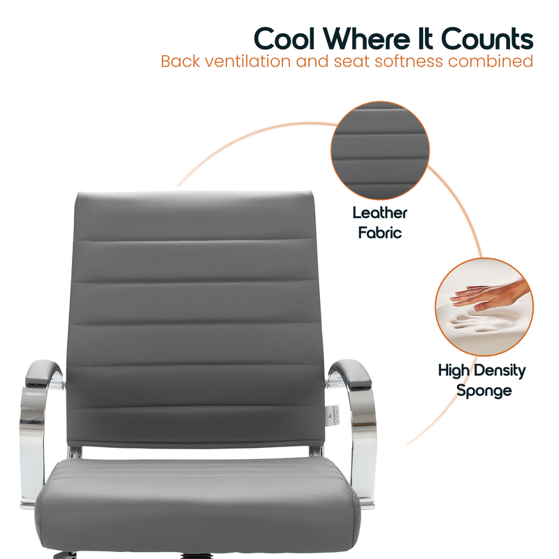 30 PCS Benmar Leather Office Desk Computer Chair with Ribbed Seat and Steel Frame - Grey