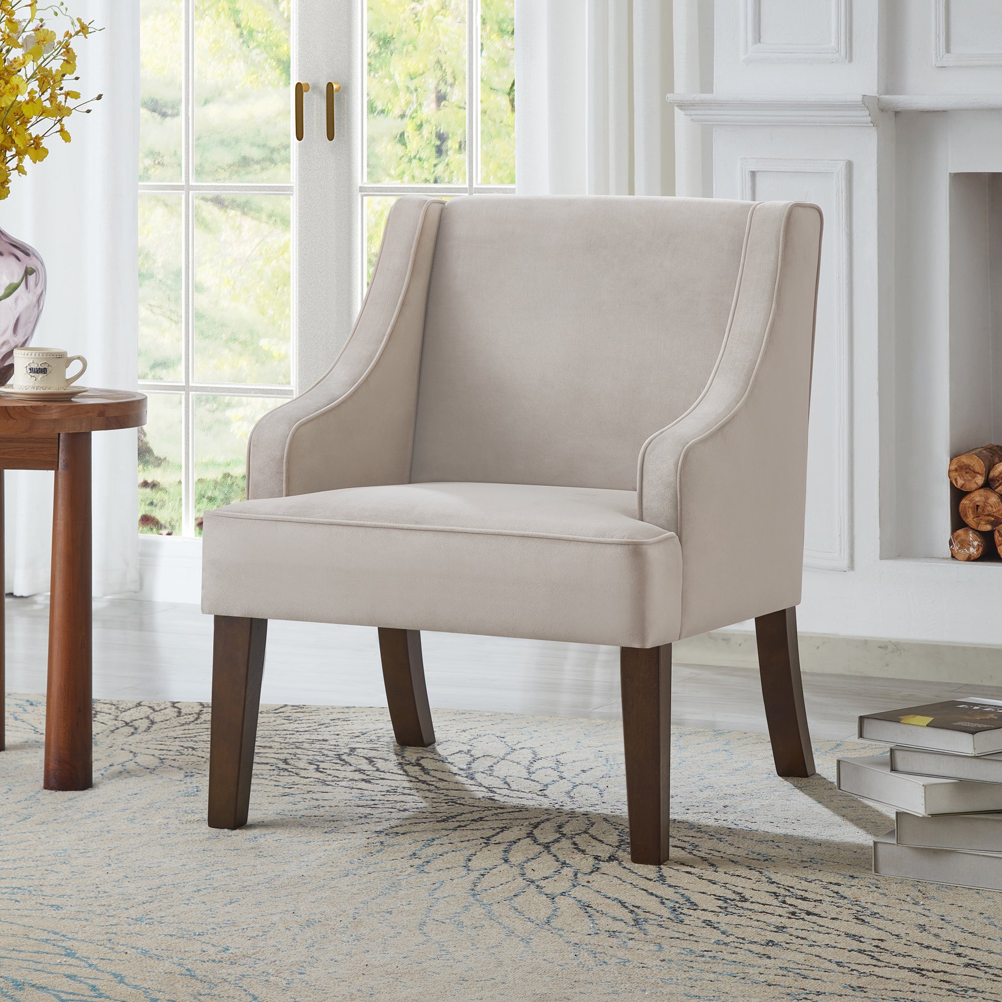 Velvet Taupe Mid Century Accent Armchair With Solid Wood Legs
