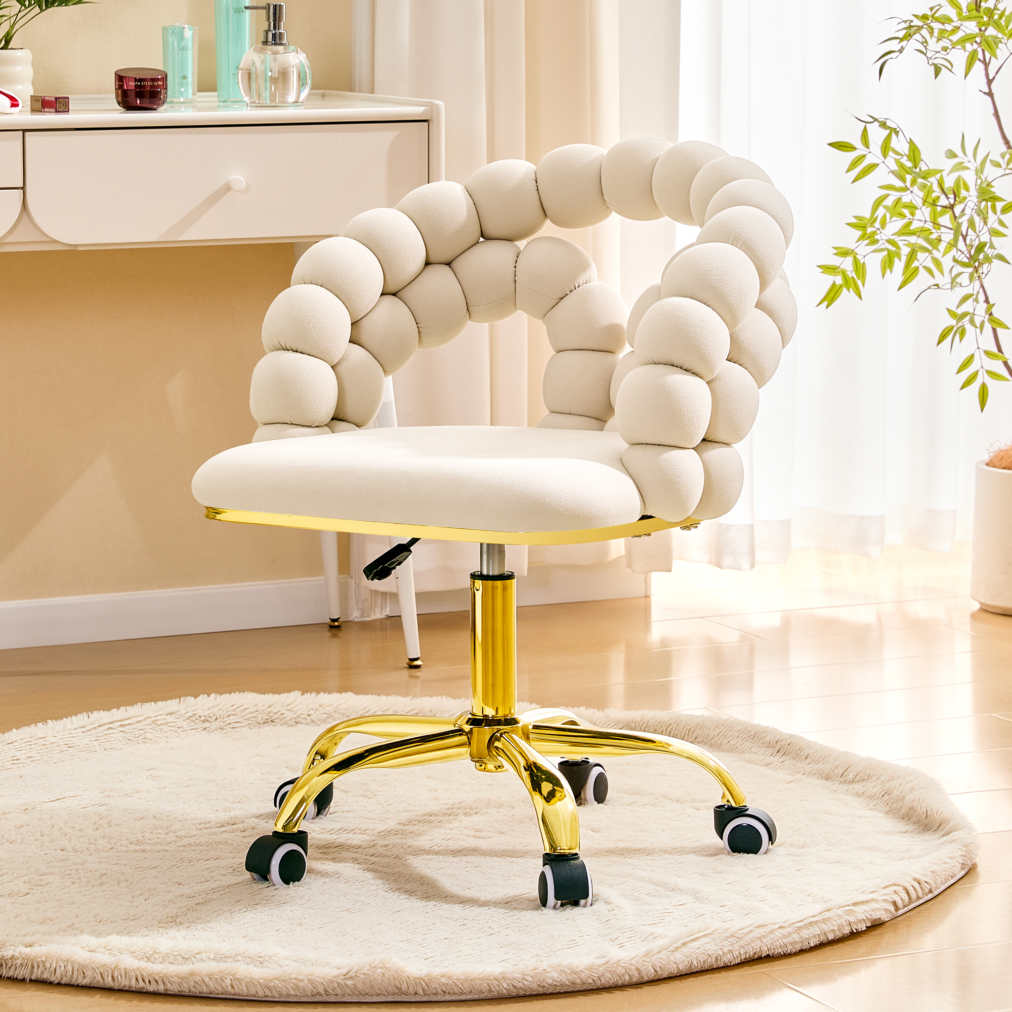 Modern Velvet Bubble Back Swivel Vanity Chair, Beige Upholstered Adjustable Home Office Chair with Gold Metal Base for Bedroom, Makeup Room and Desk - Platinum-Level Office Chairs