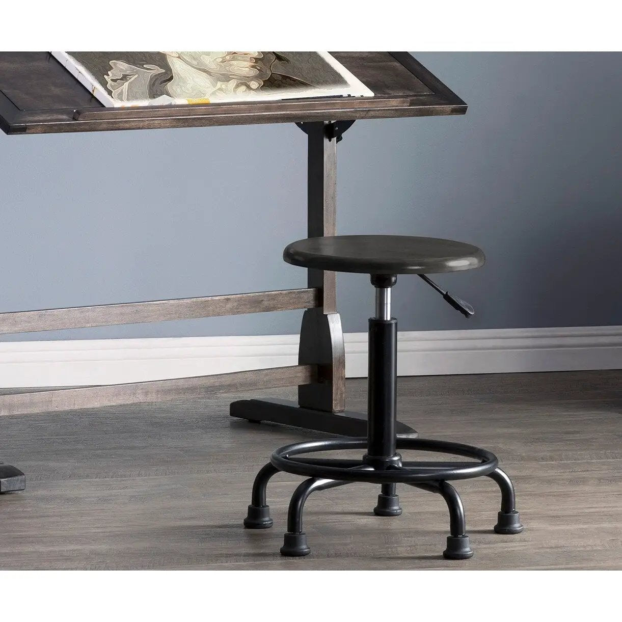 Retro Wood Drafting Stool with Adjustable Height Seat