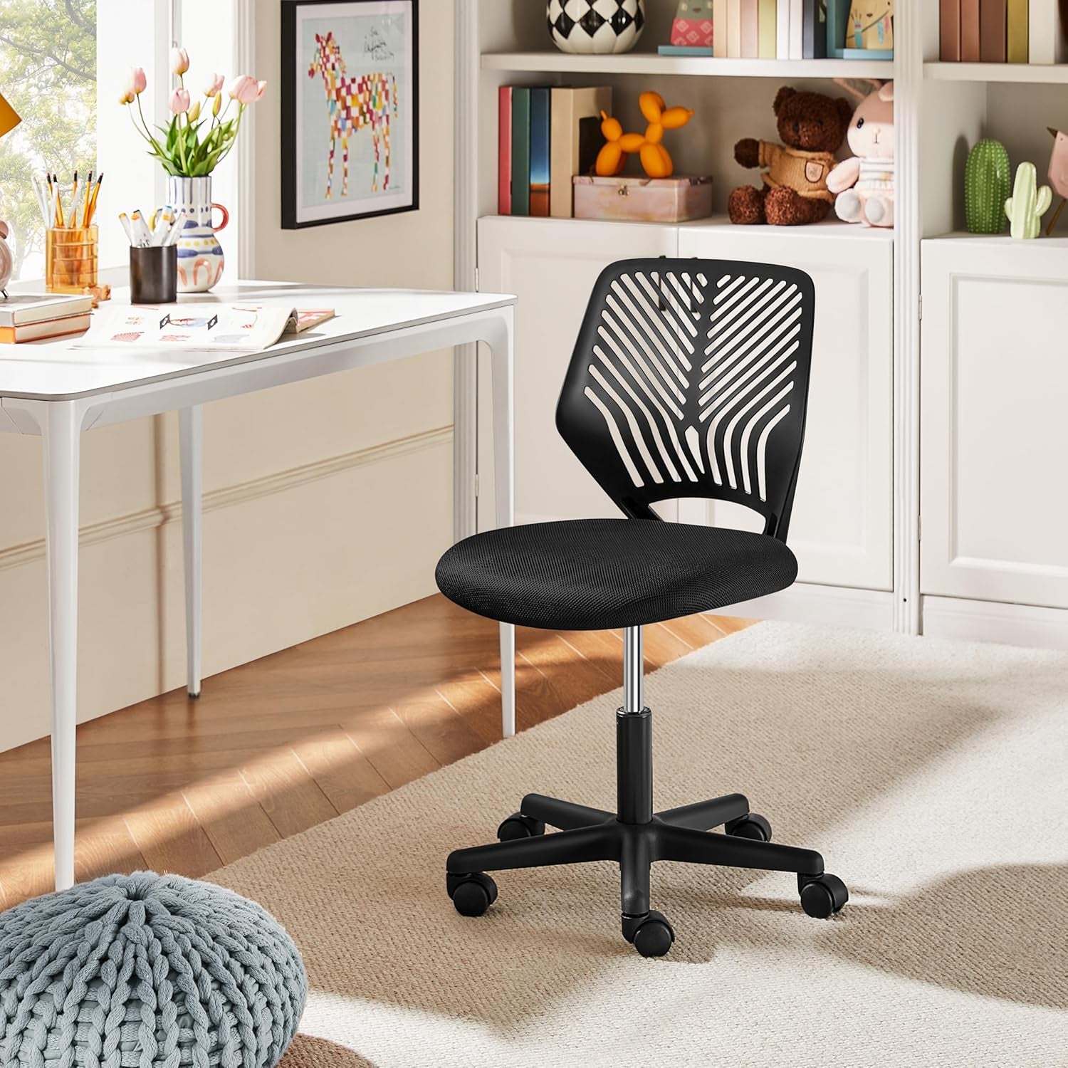 Yaheetech Small Desk Chair, Armless Adjustable Swivel Seat, Black | Padded Mesh Seat and Ventilated Resin Back, Compact Armless Frame Rolls and Adjusts for Study and Small Desks, Holds 300 Lb.