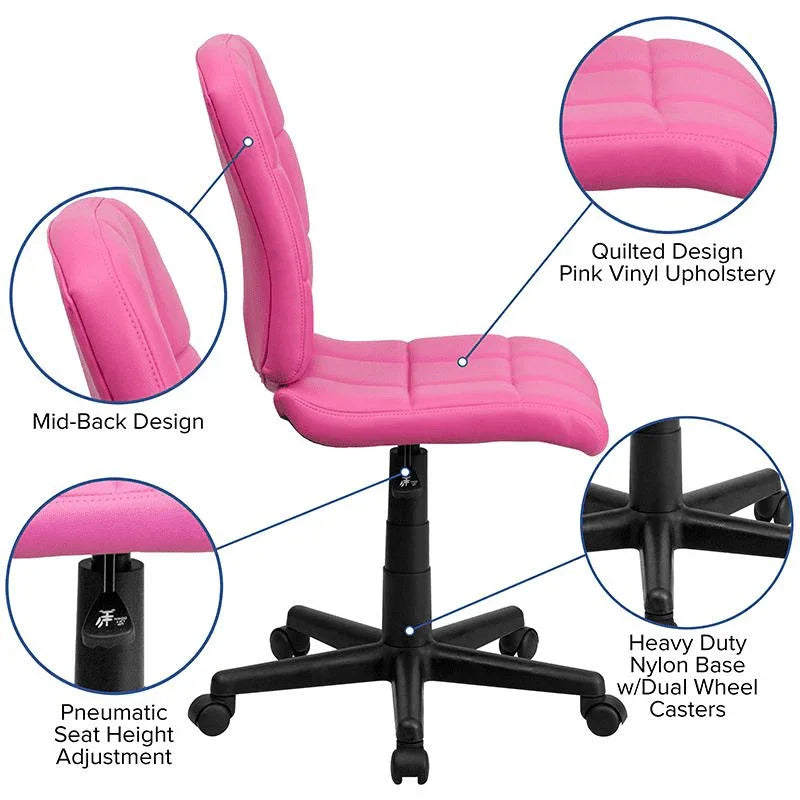 Pink Quilted Vinyl Swivel Office Chair With Mid Back Support