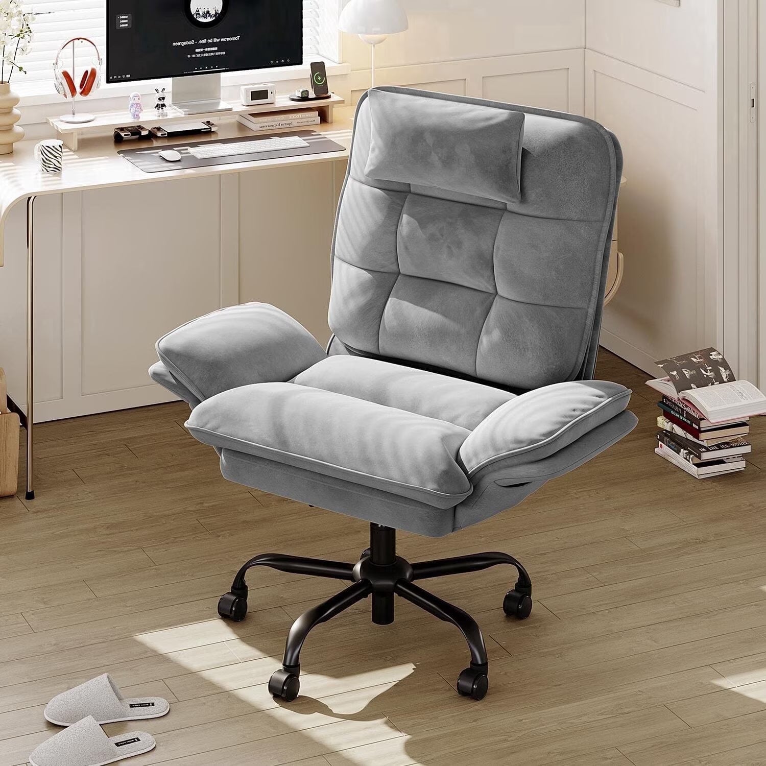 Bestier Big and Tall Ergonomic Office Chair with Flip-Up Arms, PU Leather High Back Executive Swivel Desk Chair with Side Pockets & Headrest , Height Adjustable Computer Chair for Home, Beige
