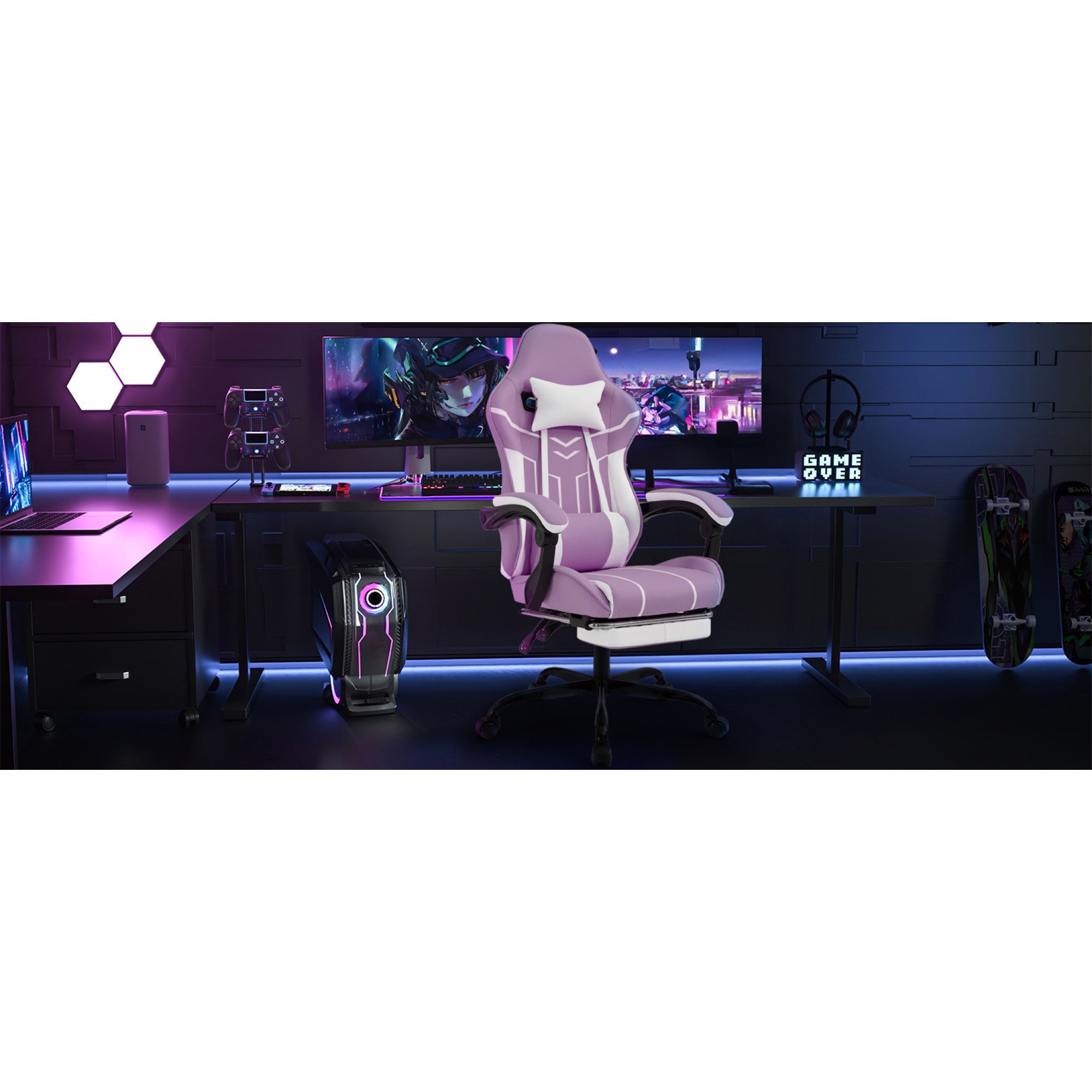 Purple and White Ergonomic Gaming Chair with Footrest - gaming room banner