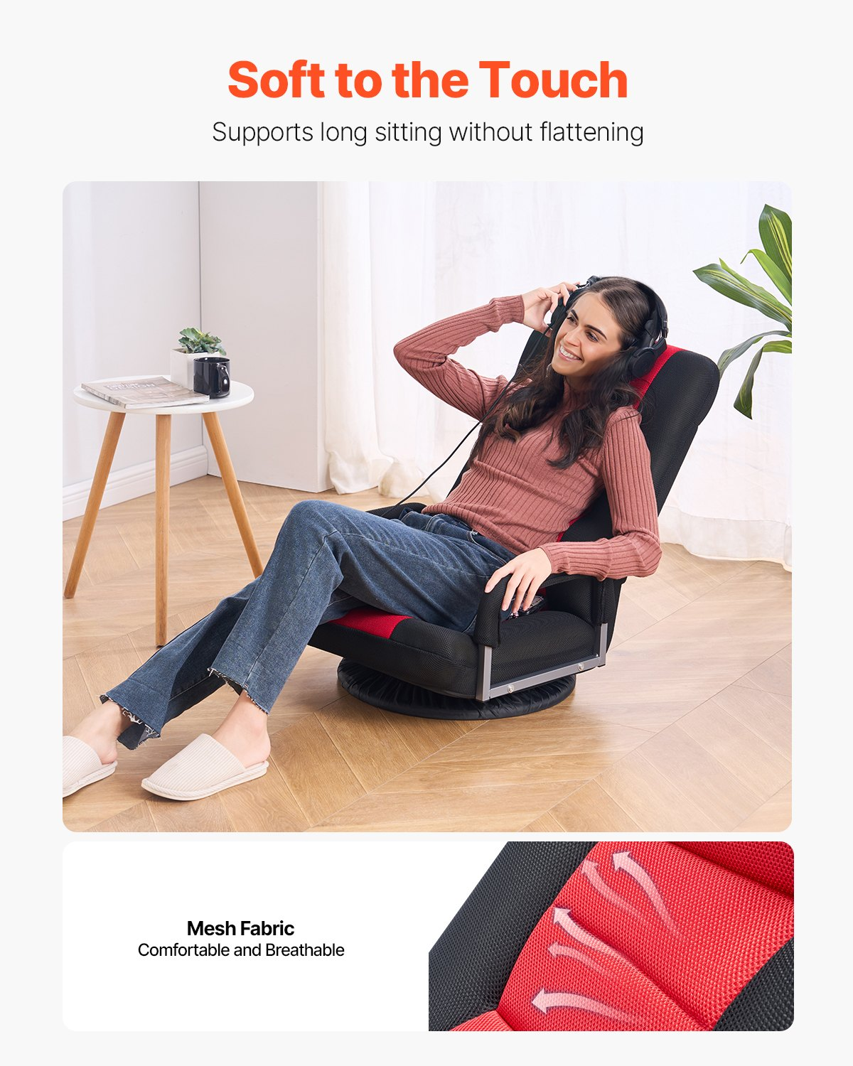 VEVOR Swivel Floor Gaming Chair with Armrests, 360-Degree Rotating Floor Chair with 6 Adjustable Position Folding Backrest and Lumbar Support, Folding Video Reclining Sofa for TV Reading, Red Black by Platinum-Level Office Chairs