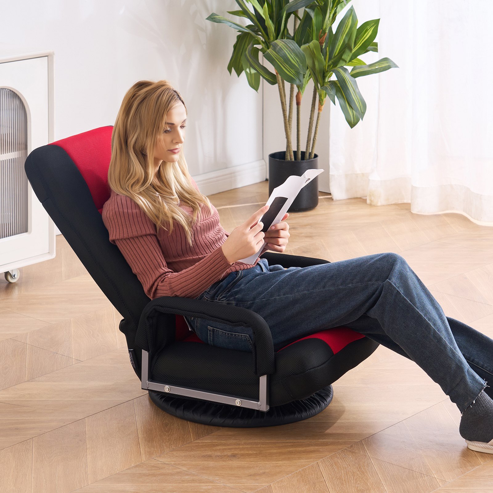 VEVOR Swivel Floor Gaming Chair with Armrests, 360-Degree Rotating Floor Chair with 6 Adjustable Position Folding Backrest and Lumbar Support, Folding Video Reclining Sofa for TV Reading, Red Black by Platinum-Level Office Chairs