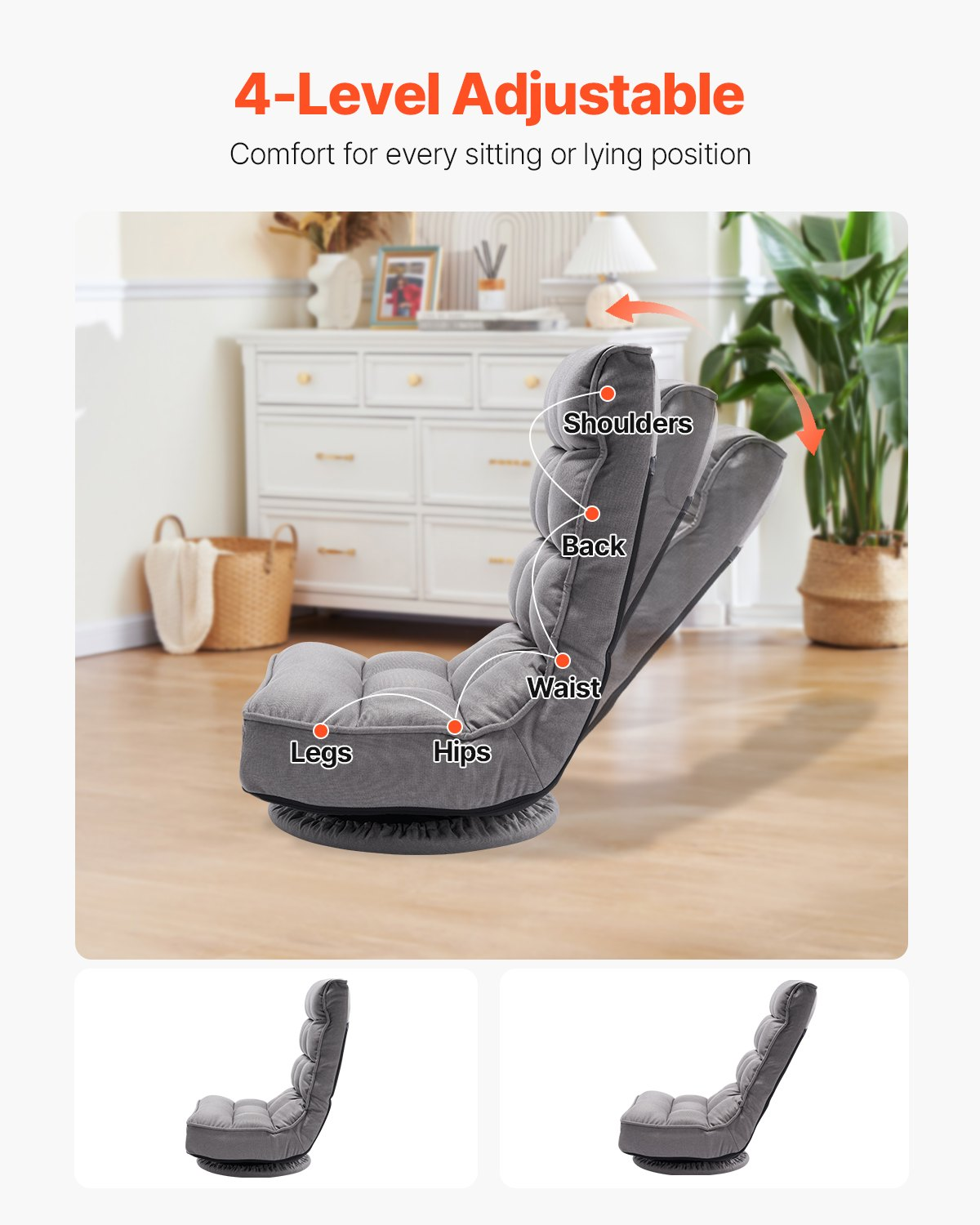 VEVOR Swivel Floor Gaming Chair, 360-Degree Rotating Floor Chair with 4 Adjustable Position Folding Backrest and Lumbar Support, Folding Video Reclining Sofa for Watching TV Reading Playing Game, Gray by Platinum-Level Office Chairs