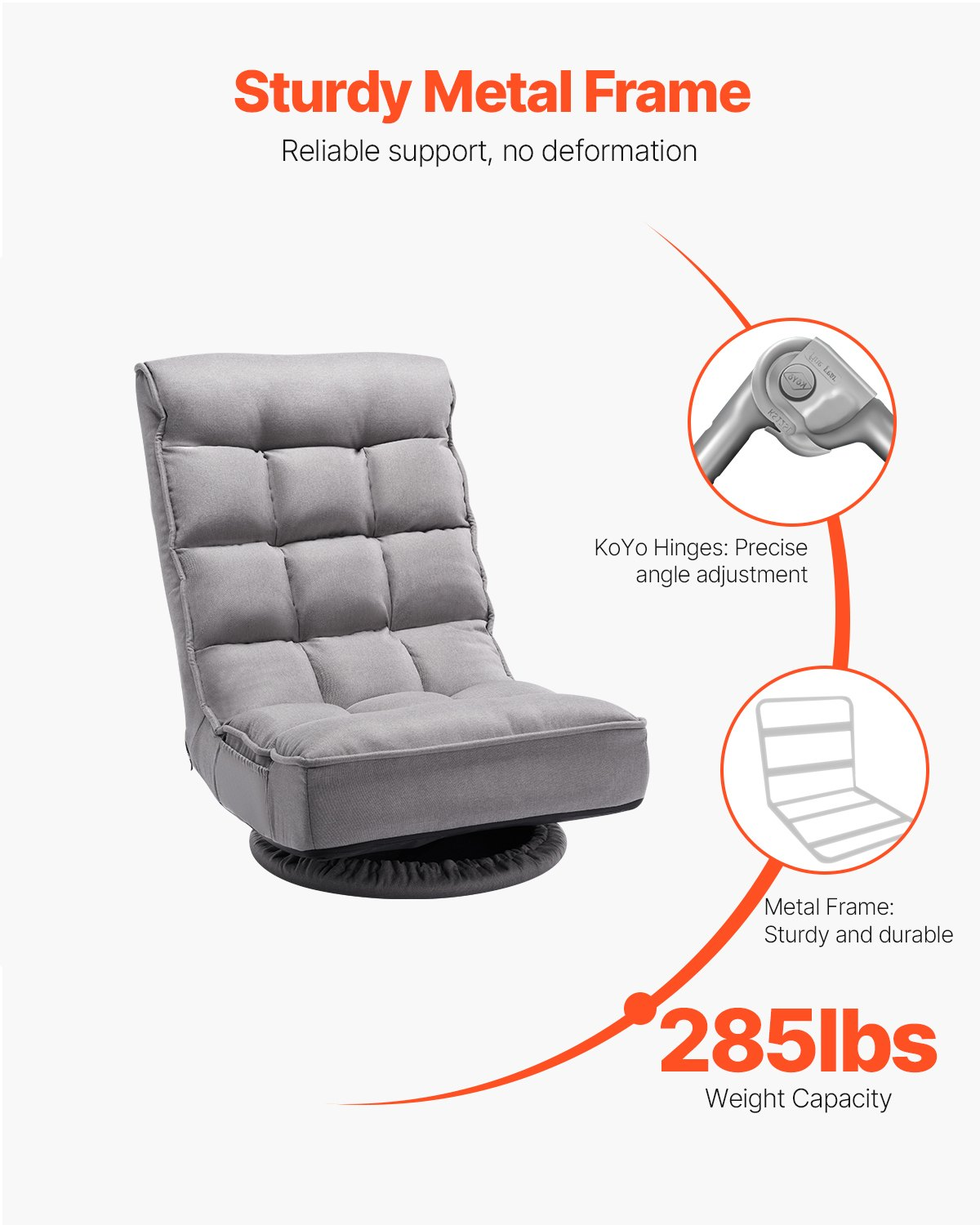 VEVOR Swivel Floor Gaming Chair, 360-Degree Rotating Floor Chair with 4 Adjustable Position Folding Backrest and Lumbar Support, Folding Video Reclining Sofa for Watching TV Reading Playing Game, Gray by Platinum-Level Office Chairs